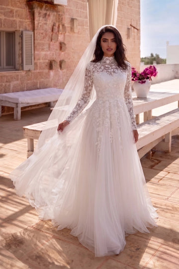 Vintage A line High Neck Long Sleeve Zipper Back Train Modest Wedding Dress
