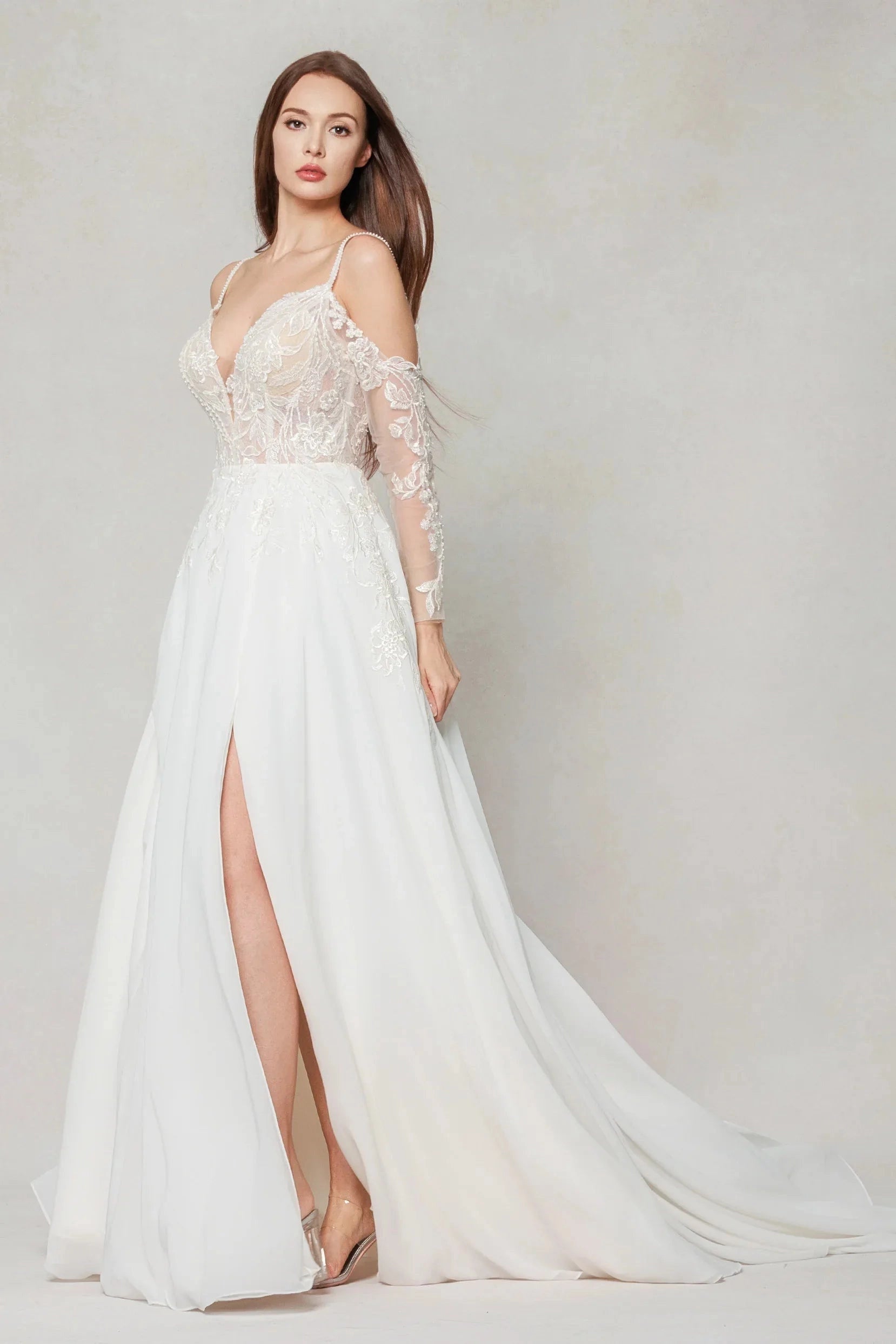Romantic A-Line Deep V Spaghetti Strap Long Sleeve Low Back Court Train Bridal Wedding Dress