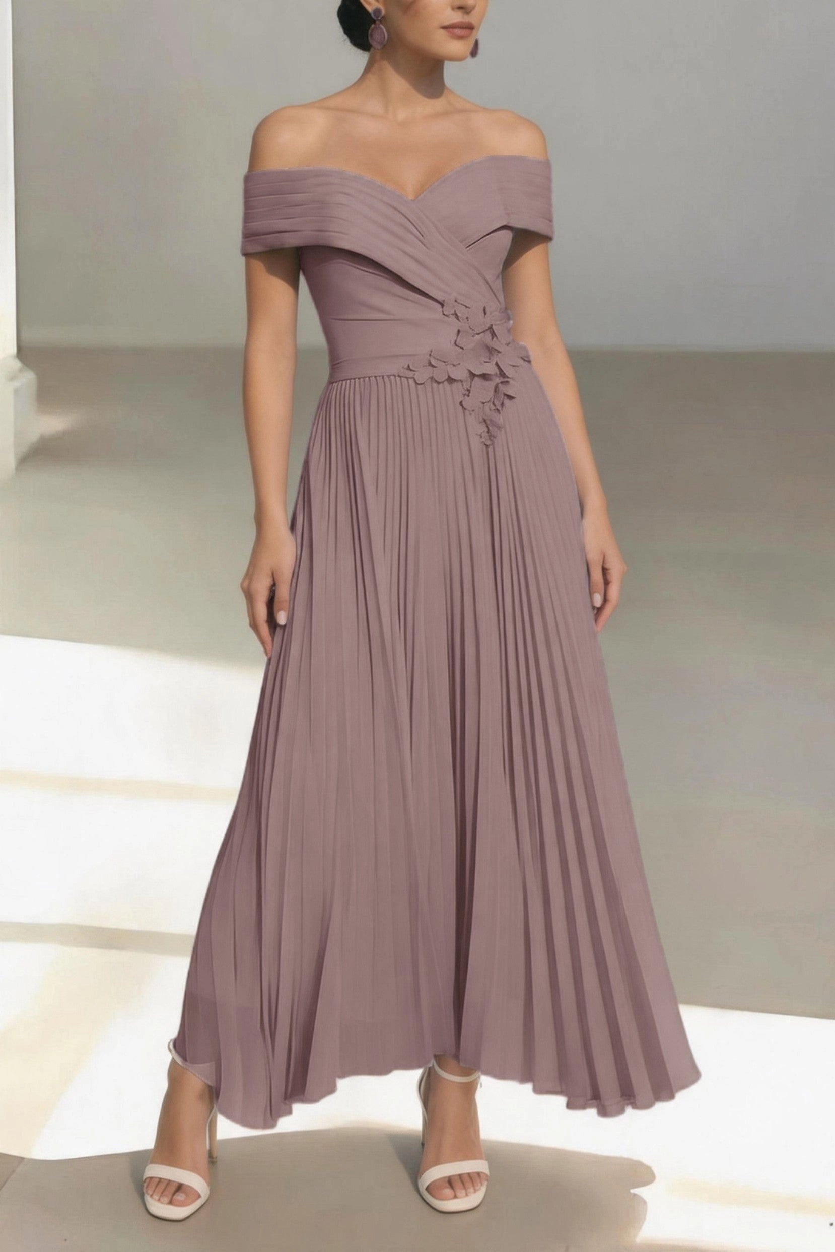 Romantic Pleated A-Line Off Shoulder Short Sleeve Zip Back Midi Mother Of The Bride Dress
