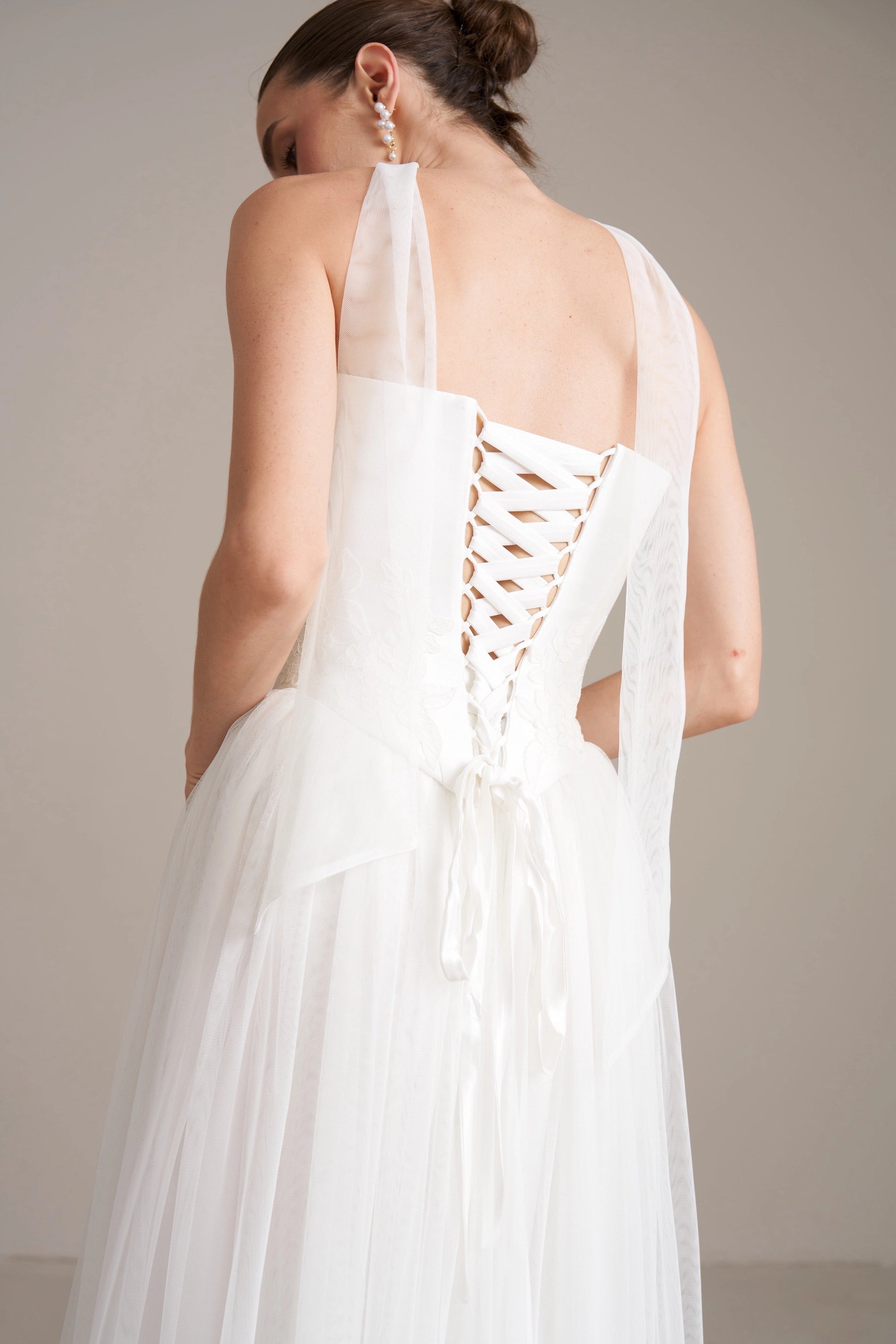 Romantic A-line Strapless Neck Ribbon Corset Back Floor-length Wedding Dress