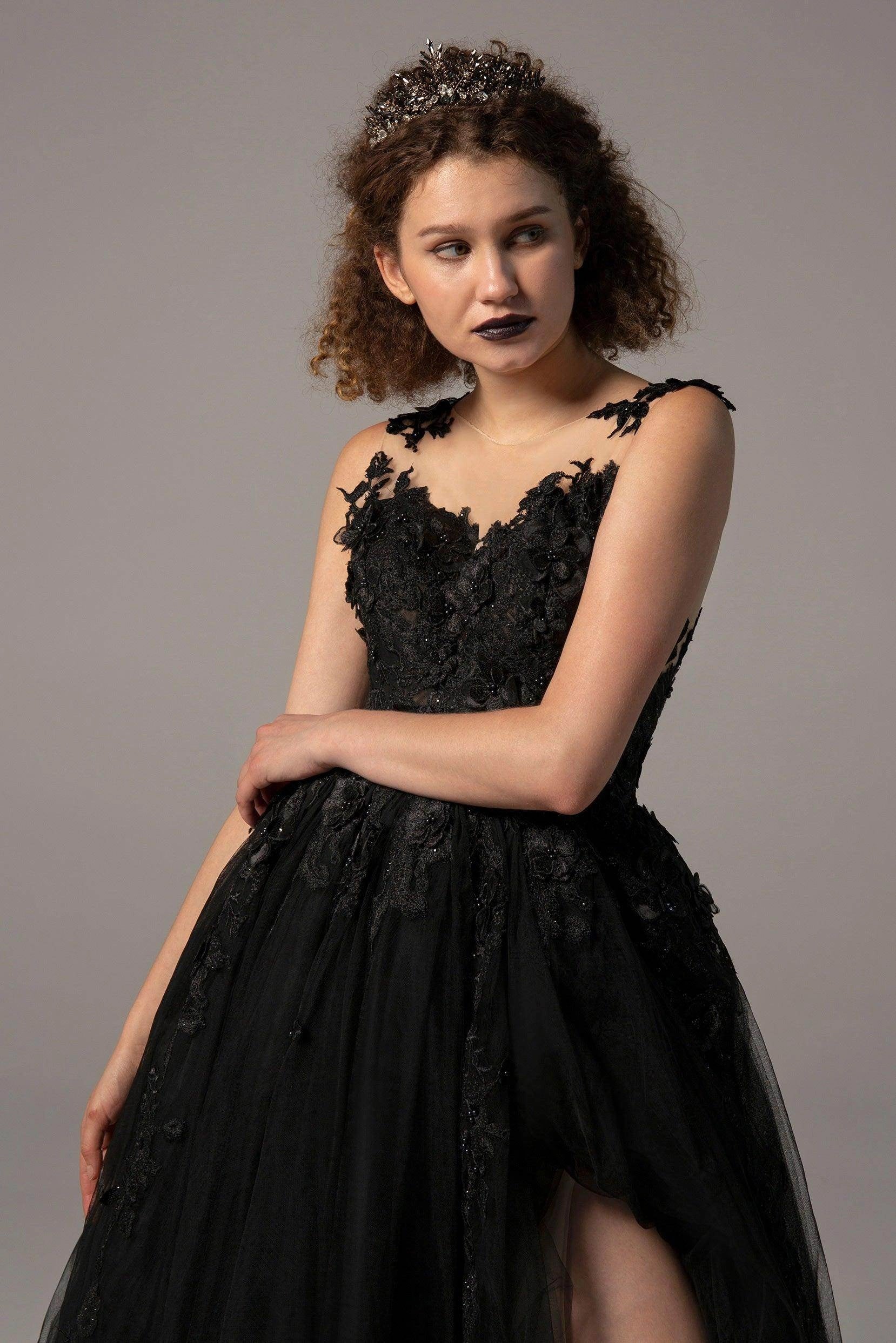 Vedress Black 3D Floral Illusion Low Back Gothic Ballgown Wedding Dress