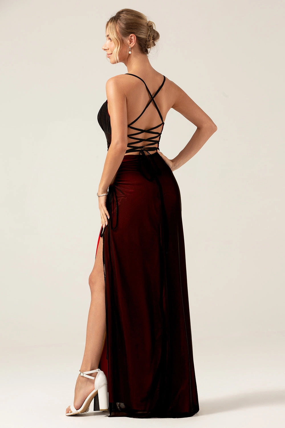Sheath Spaghetti Straps Lace-Up Back Slit Long Wedding Guest Dress