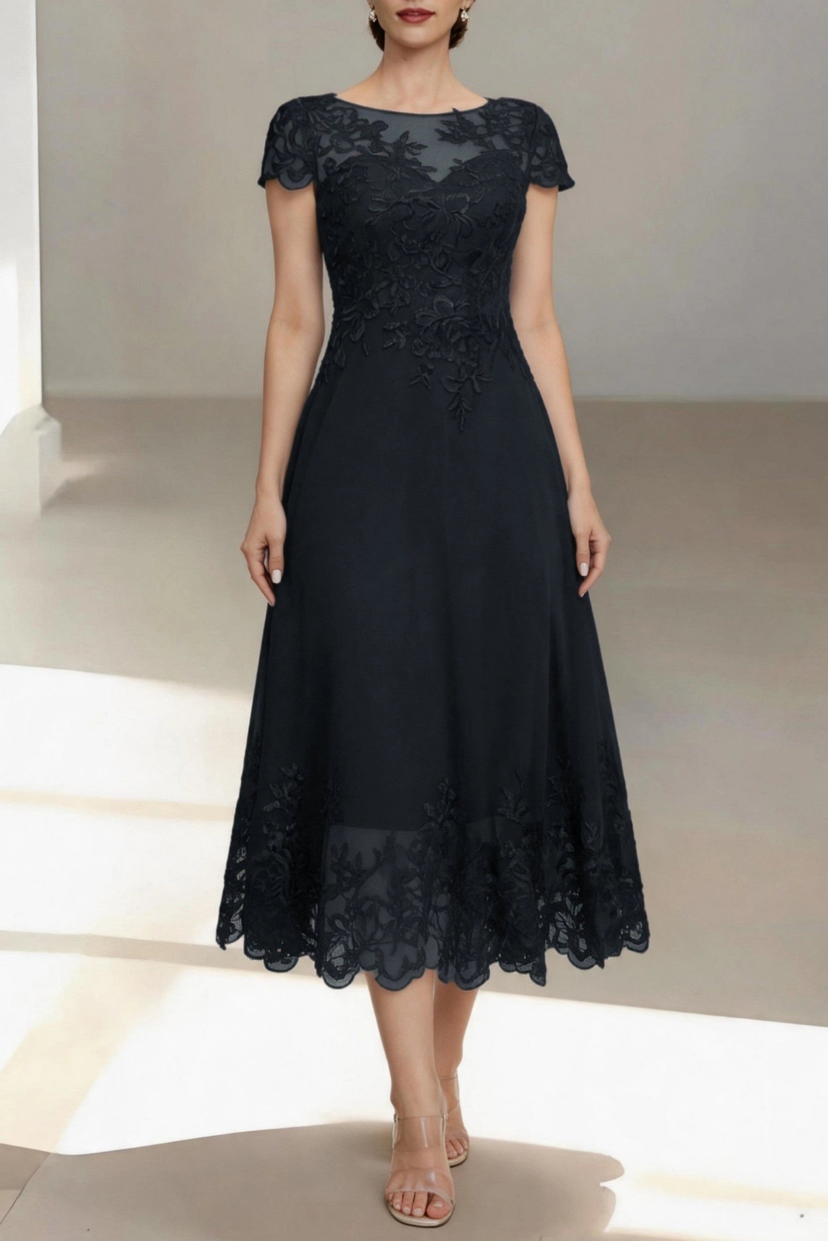 Modest A-Line Bateau Short Sleeve Zip Back Midi Mother Of The Bride Dress
