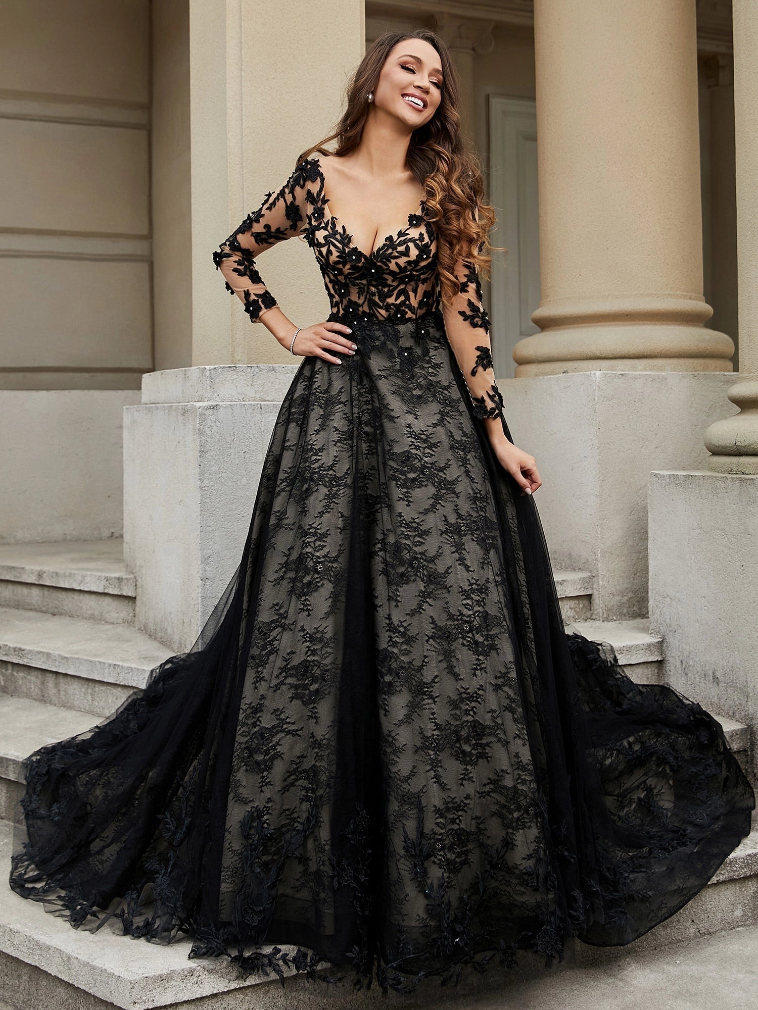 Gothic A-Line Long Sleeve Zip Back Black Lace Wedding Dress With Cathedral Train