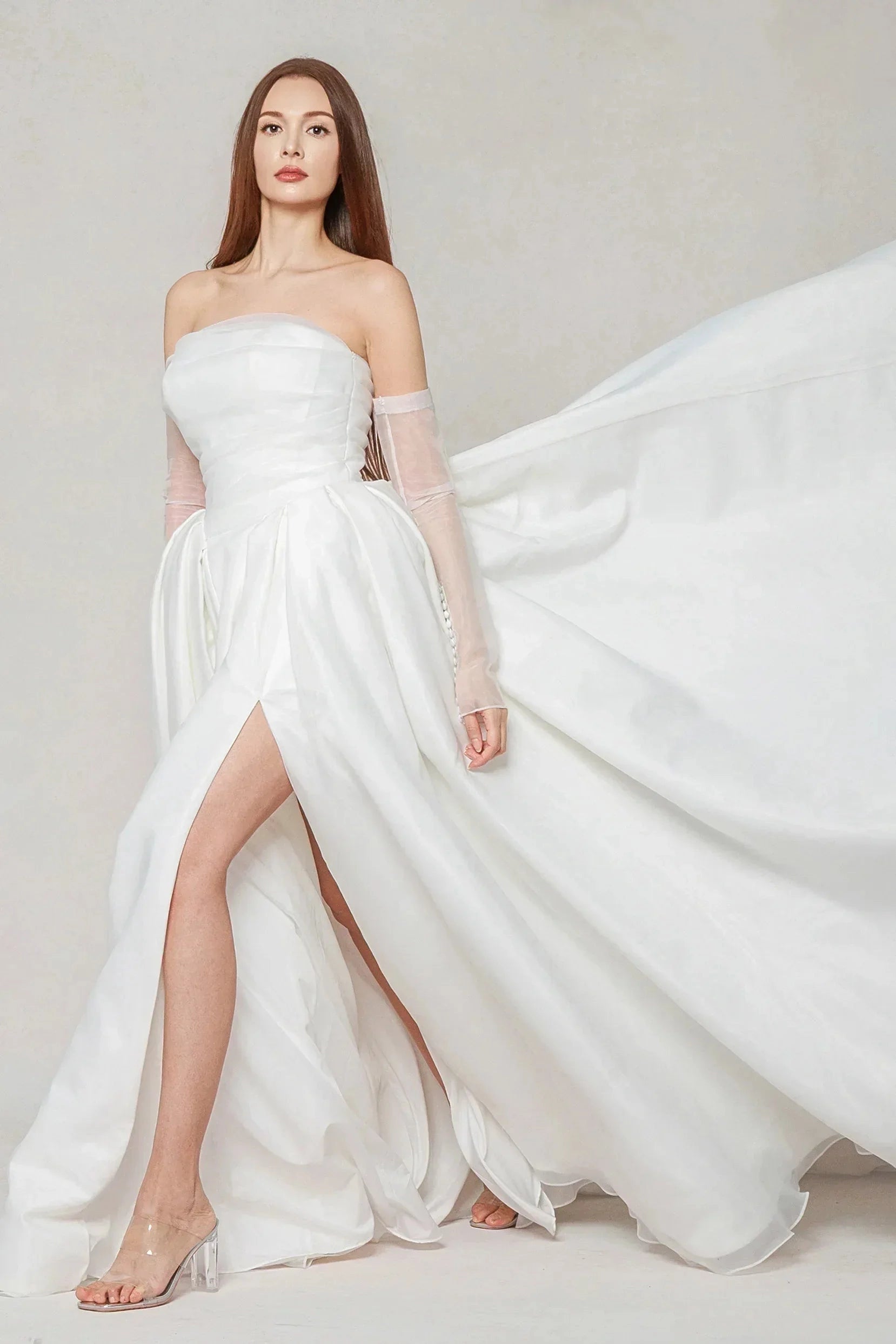 Elegant Ballgown Strapless Detachable Long Sleeve Plain Back Cathedral Train Bridal Wedding Dress
