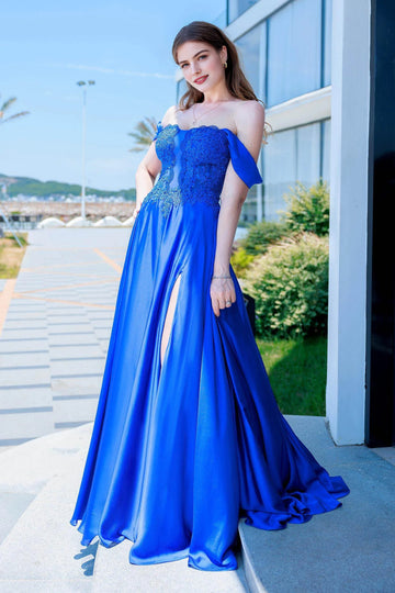 A-line prom gown with sweetheart neckline, off-shoulder draped sleeves, appliqué bodice, and flowing skirt with slit