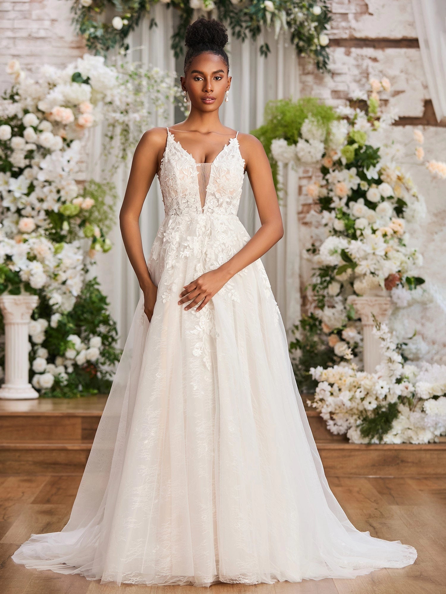 Romantic A-Line Deep V Spaghetti Strap Low Back Train Wedding Dress