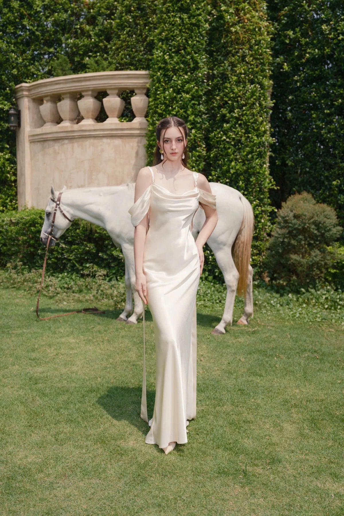 Gorgeous Mermaid Cowl Off‑Shoulder Draped‑Back Floor‑Length Wedding Dress