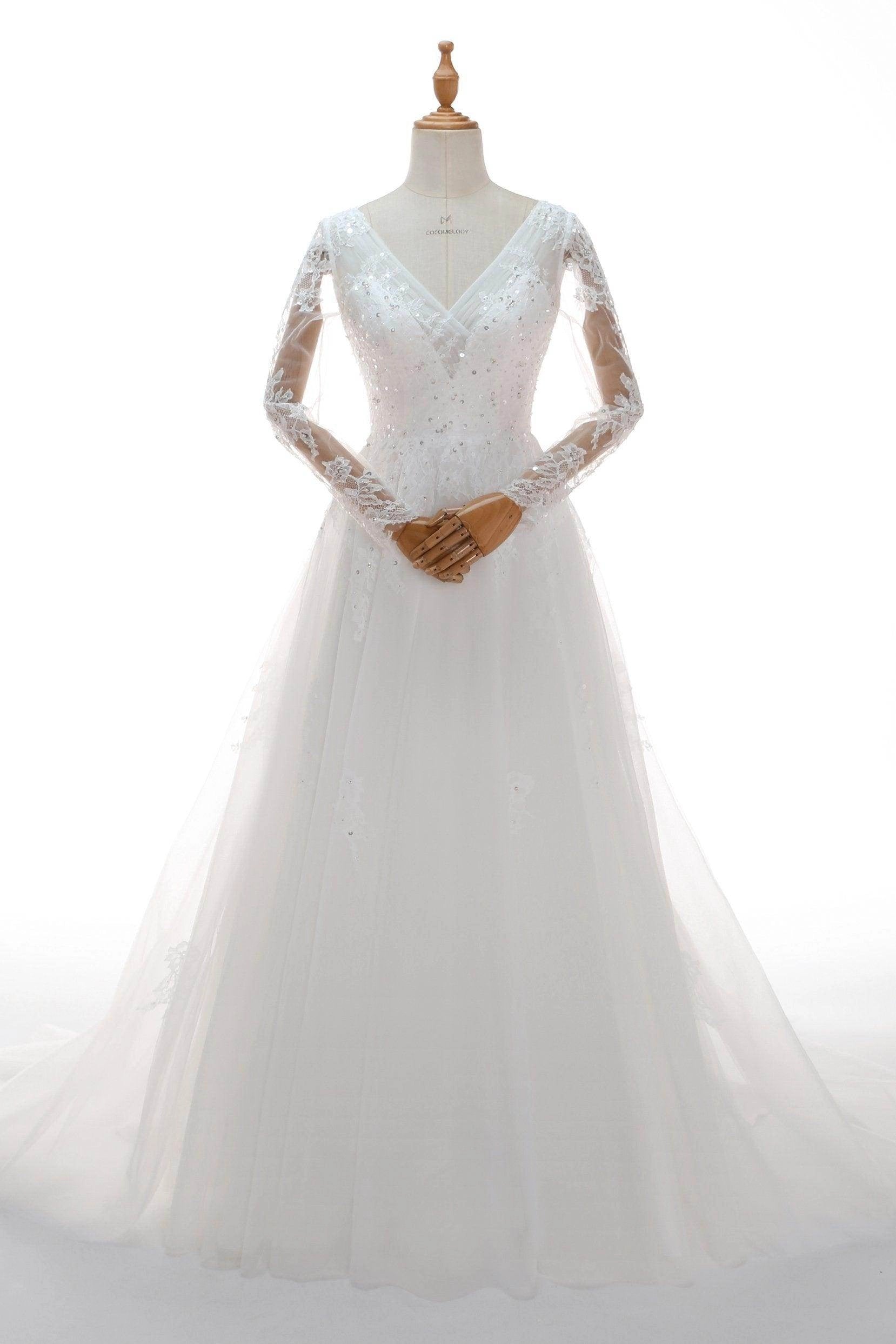 Luxury Gothic A-Line V-Neck Long Sleeve Lace Up Corset Back Chapel Train Black Wedding Dress