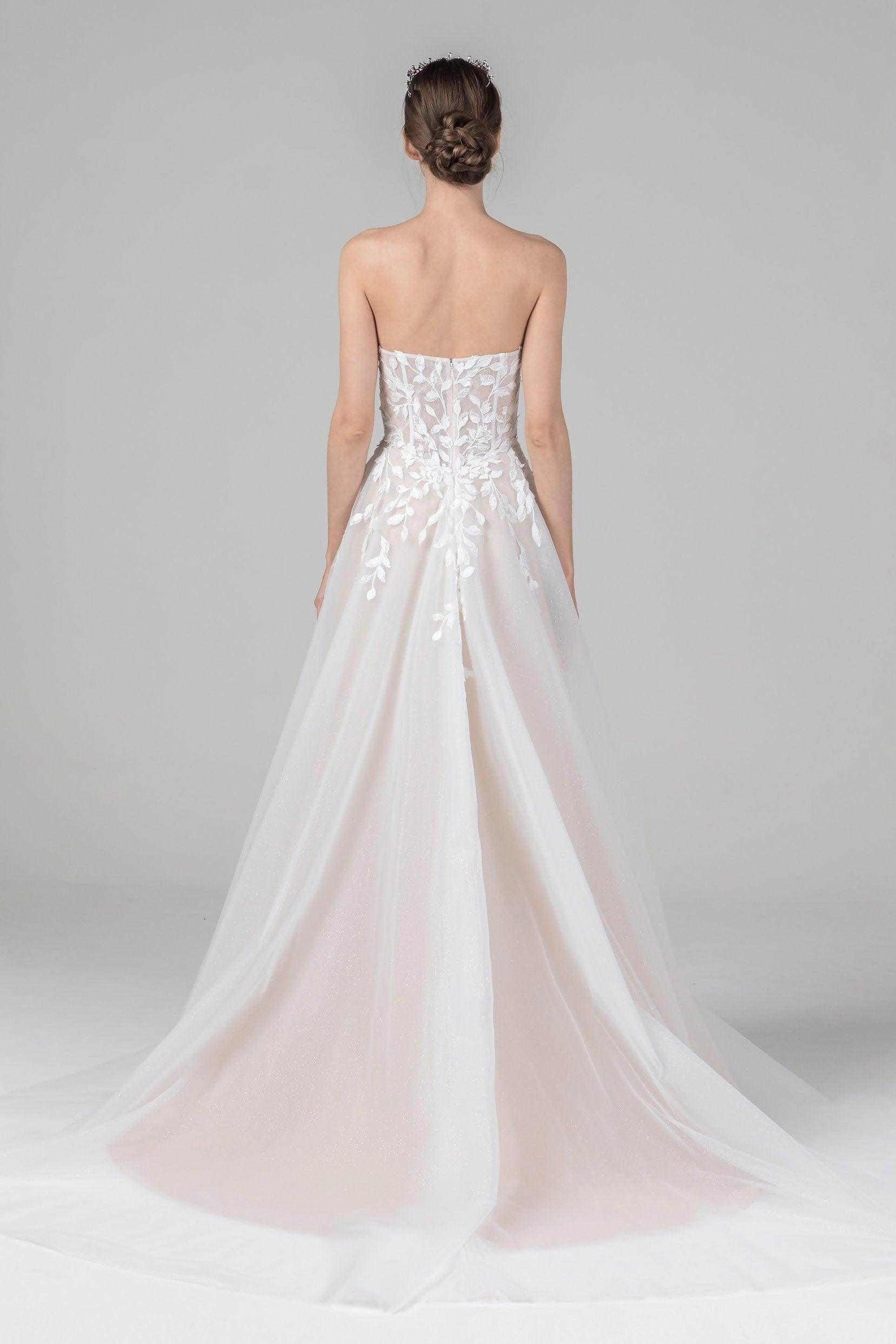 Soft Romantic A-Line Off Shoulder Puff Sleeve Lace Back Chapel Train Bridal Wedding Dress