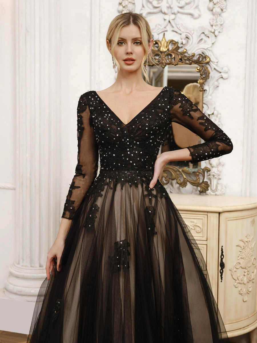 Elegant A Line V Neck Long Sleeve Lace Up Cathedral Train Wedding Dress
