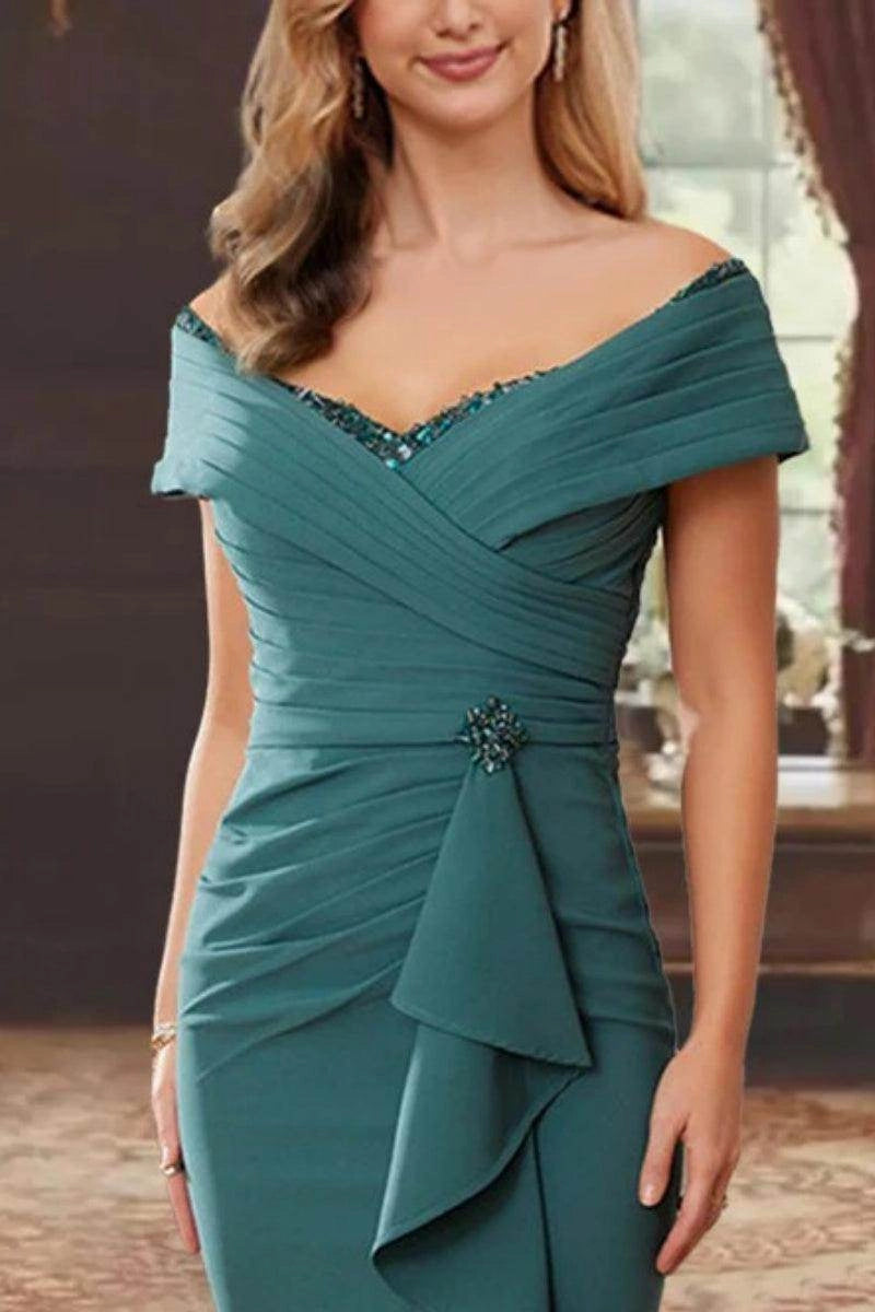 Chic Mermaid Off Shoulder Zip Back Slit Floor Length Mother Of The Bride Dress