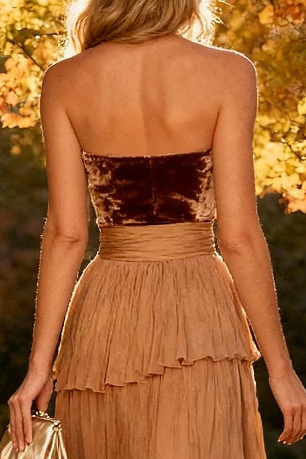 Tiered A Line Strapless Zip Back Sleeveless Slit Maxi Wedding Guest Dress 