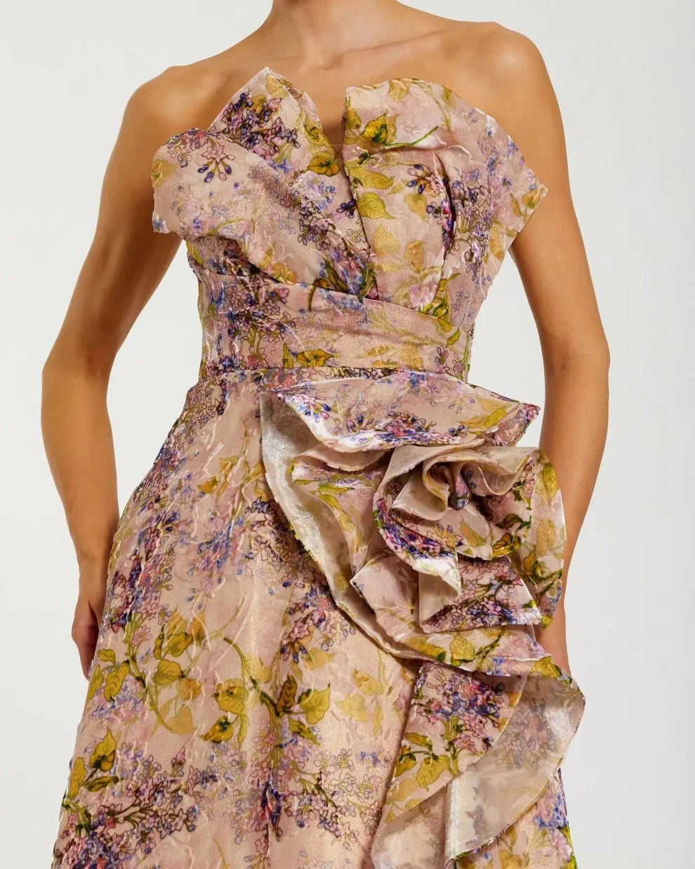 Floral A‑Line Strapless Ruffled Open Back Long Mother Of The Bride Dress