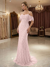 Champagne Off Shoulder Spaghetti Strap Sequin Mermaid Long Prom Dress With Train