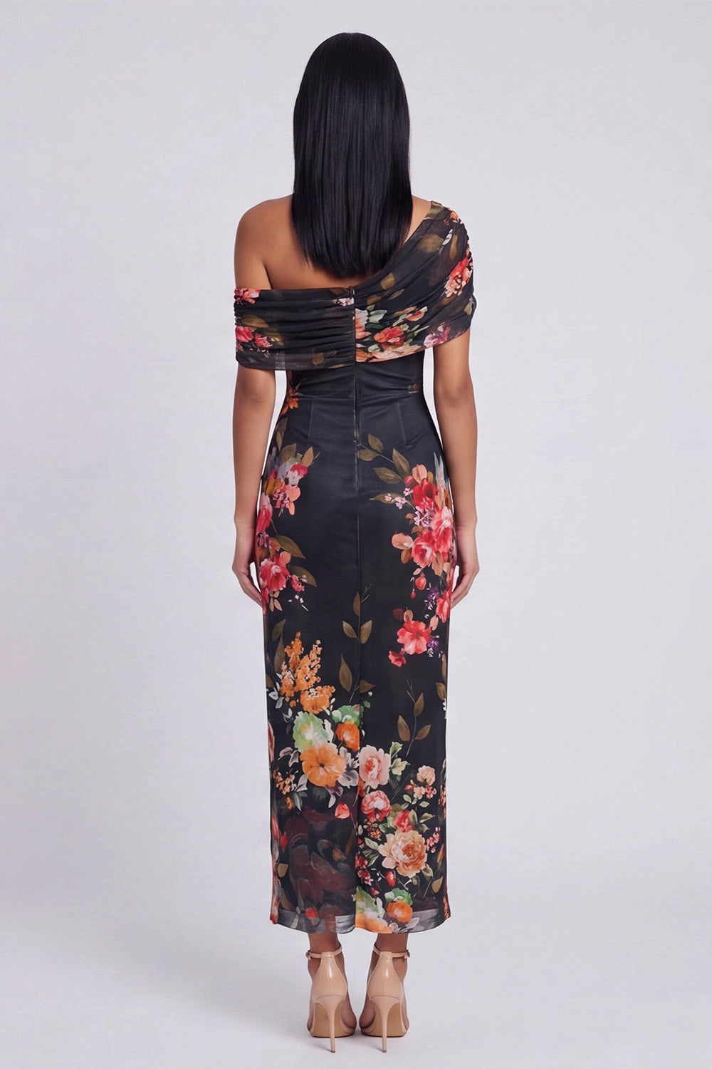 Elegant Sheath Asymmetric One Shoulder Draped Back Zip Midi Wedding Guest Dress