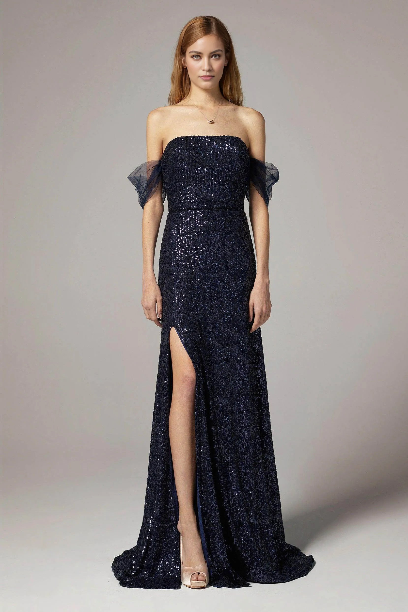 Two-piece straight neck sequin prom gown with off-shoulder tulle sleeves and front slit