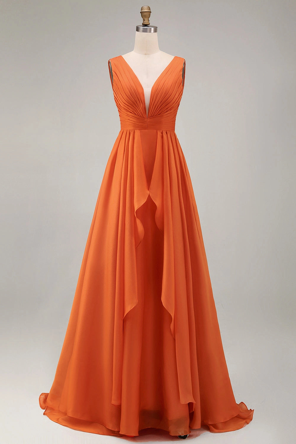 Flowy A Line Deep V Sleeveless Back Zip Train Maxi Wedding Guest Dress