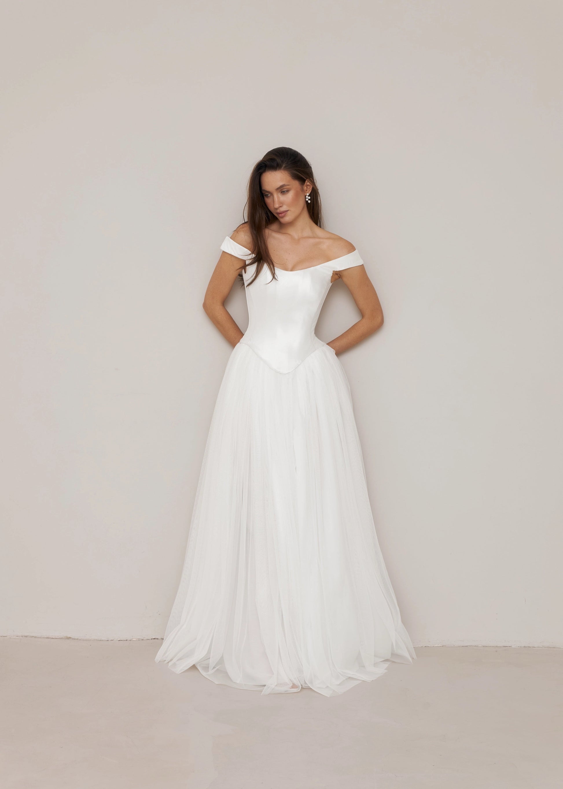Minimalist A-line Off-shoulder Cap Sleeve Corset Back Floor-length Wedding Dress