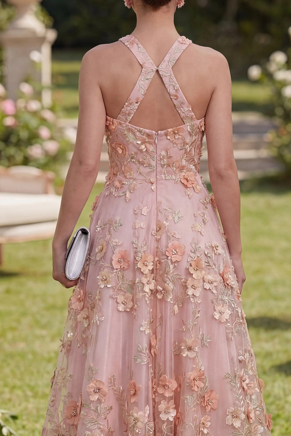 Elegant A-Line Halter Sleeveless Crisscross Back Maxi Wedding Guest Dress