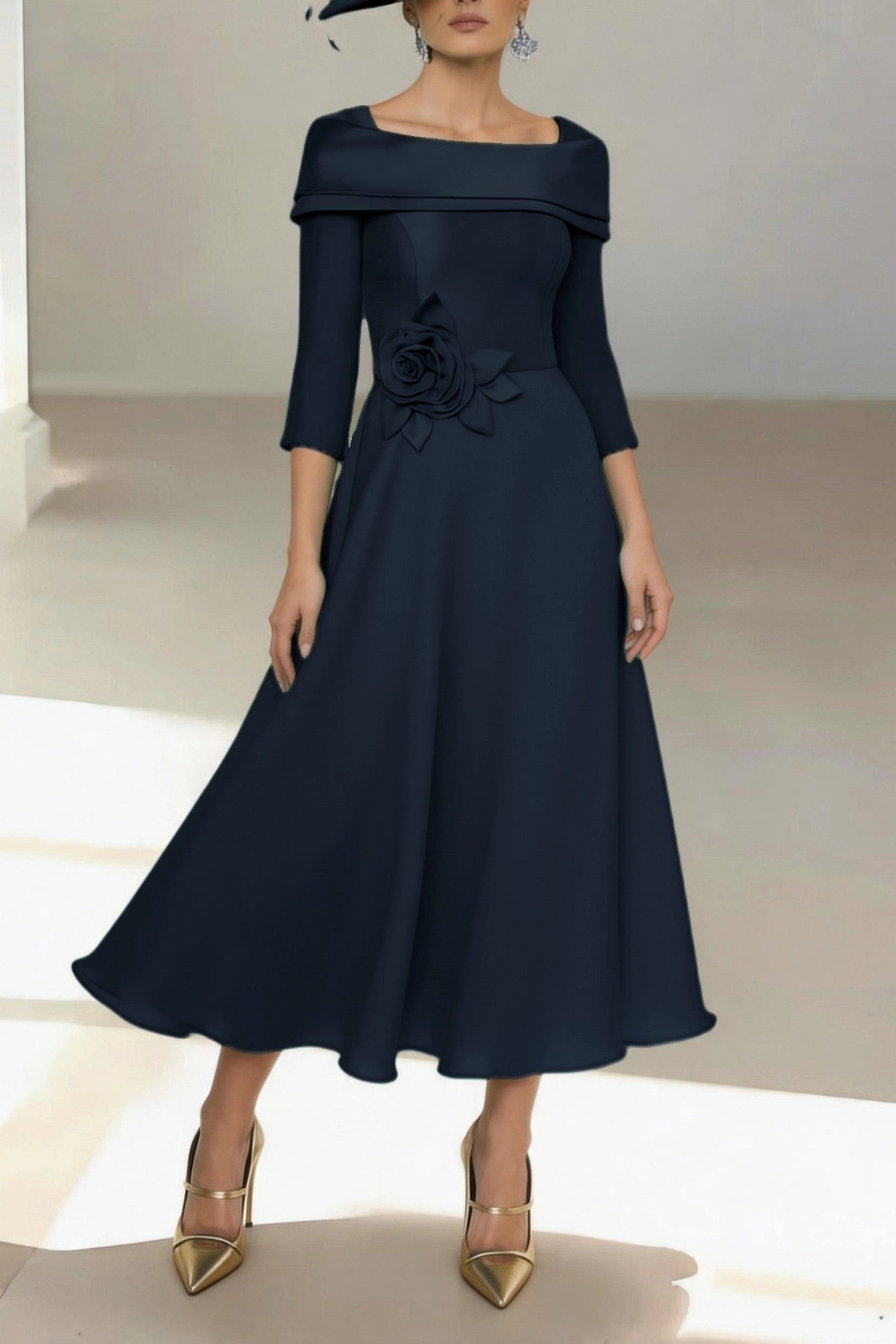 Vintage A-Line Off Shoulder 3/4 Sleeve Zip Back Midi Mother Of The Bride Dress