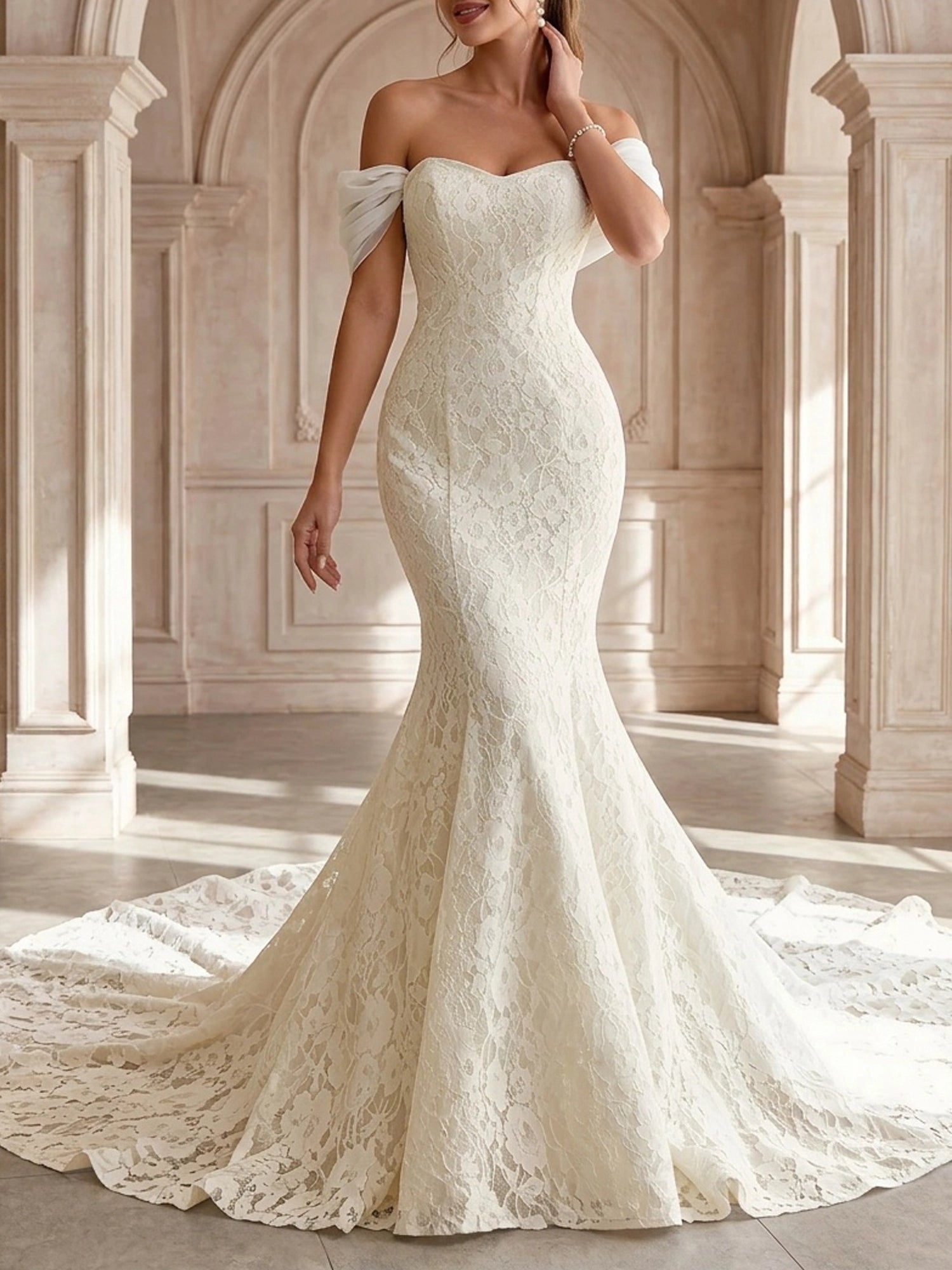 Luxury Mermaid Sweetheart Off Shoulder Lace Up Back Cathedral Train Bridal Wedding Dress
