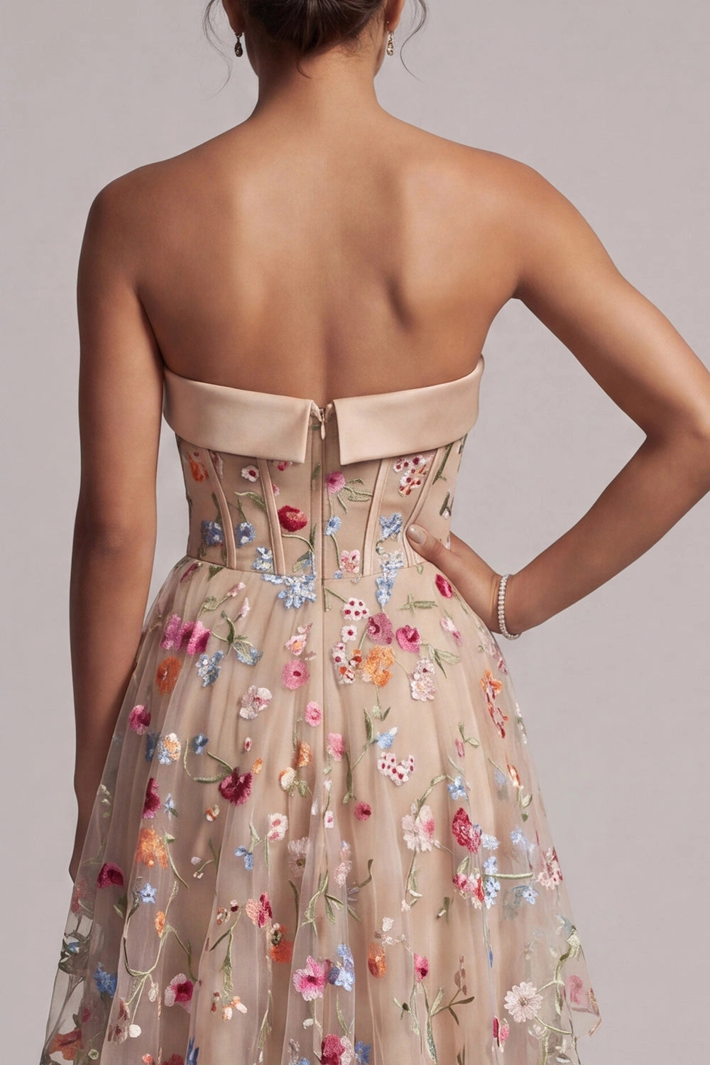 Floral High Low Strapless Zipper Back Maxi Wedding Guest Dress