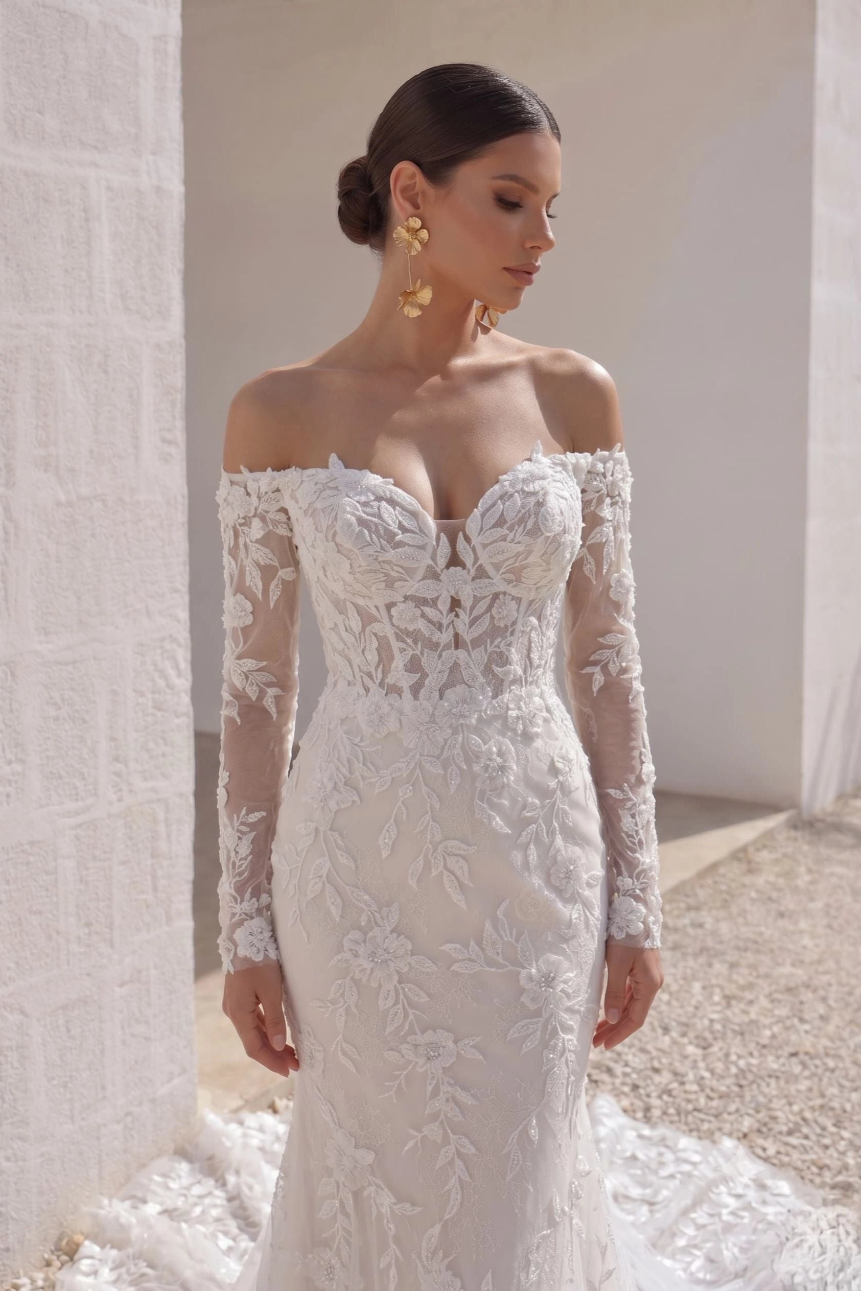 Romantic Mermaid Off Shoulder Long Sleeve Lace Up Train Destination Wedding Dress