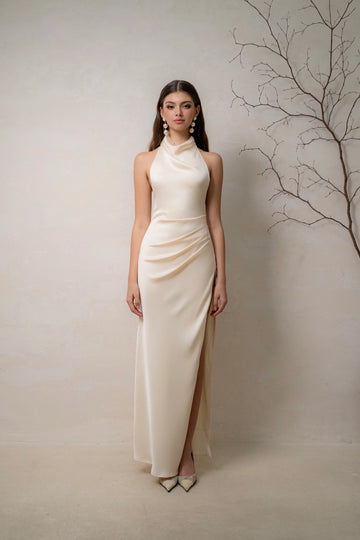 Elegant Sheath Halter Sleeveless Open‑Back Maxi Bridesmaid Dress