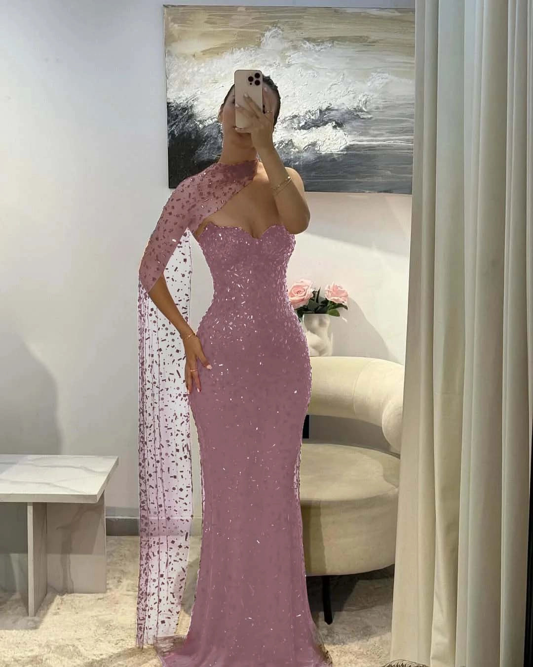 Sparkly Mermaid Sweetheart One‑Sleeve Open‑Back Long Prom Dress