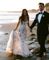 Chic Sexy Mermaid Spaghetti Strap Off Shoulder Sheer Lace Low Back Sweep Train Bridal Wedding Dress