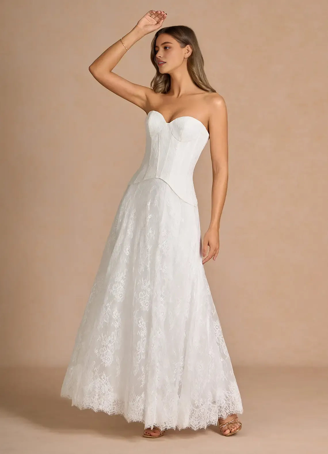 Romantic Column Sweetheart Strapless Lace Evening Dress Floor Length Corset Back Bridal Gown