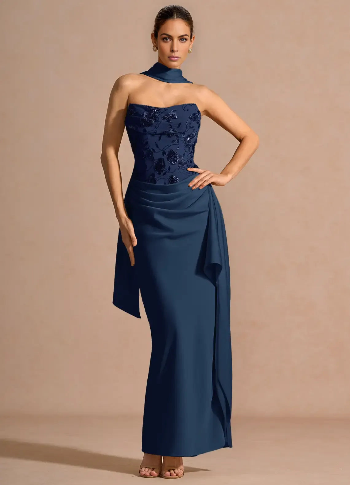 Mermaid Strapless Sleeveless Lace Satin Maxi Scarf Lace-up Formal Evening Dress