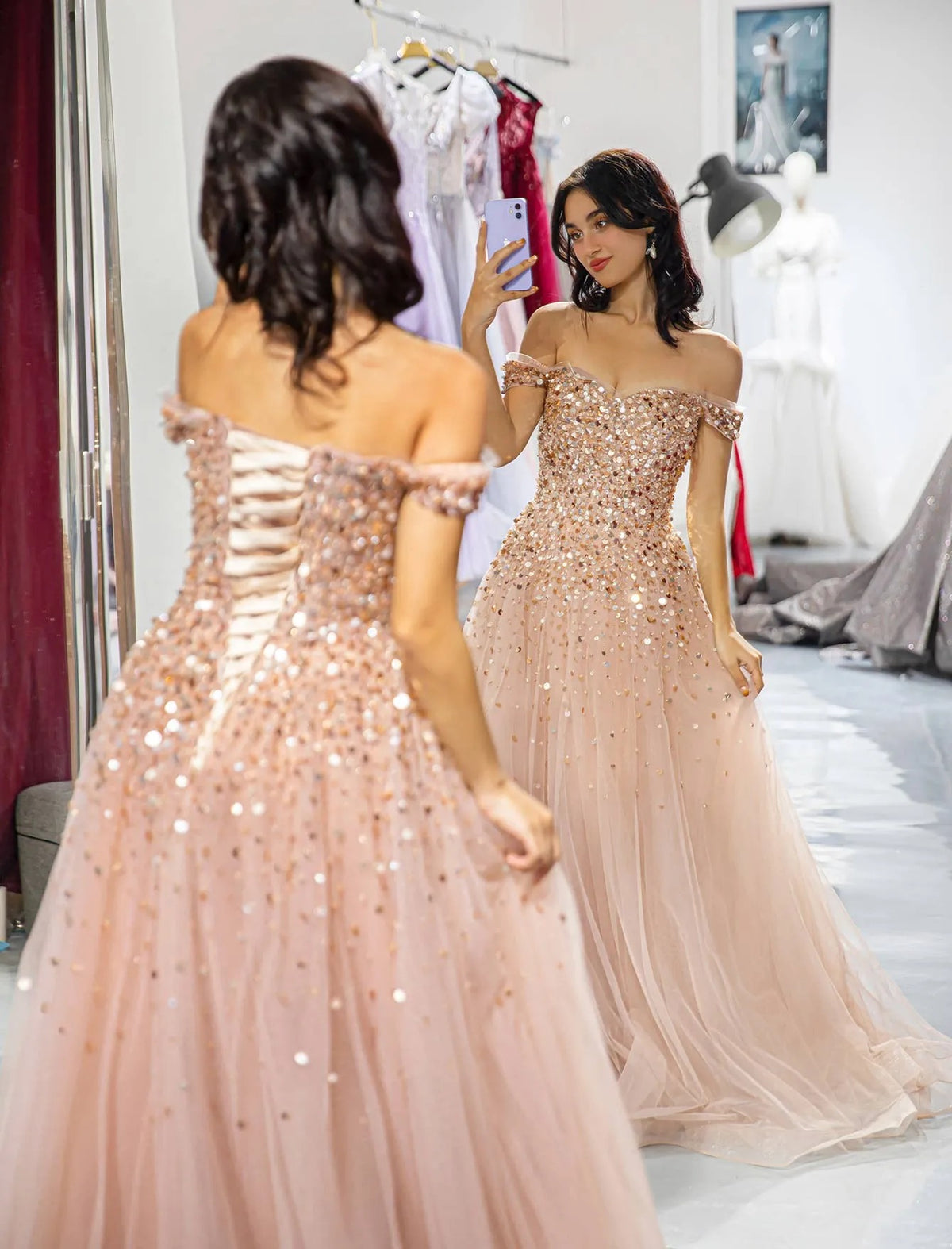 Blush A-line Off Shoulder Sequin Tulle Long Evening Dress