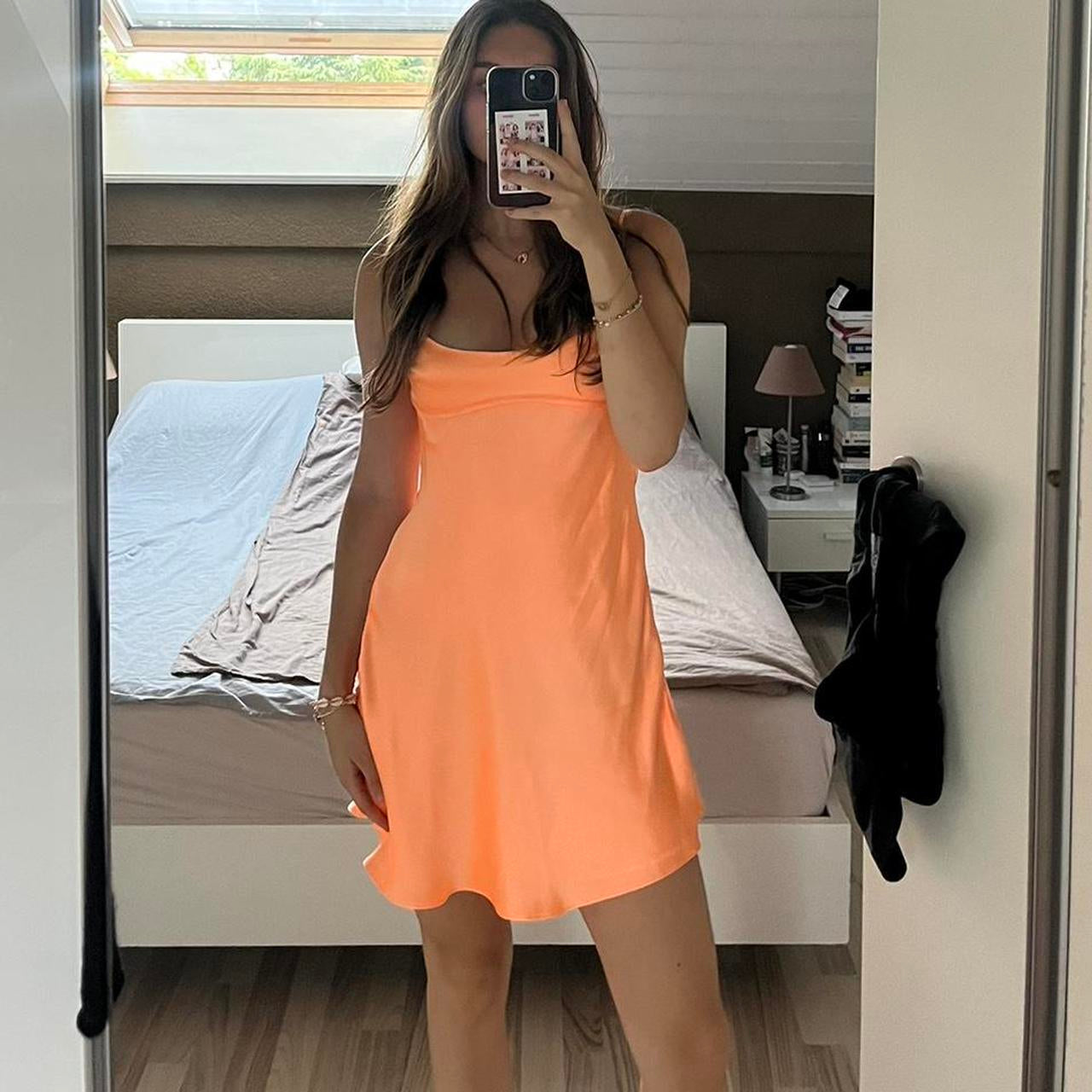 Glossy slip square thin strap cutout back mini party dress