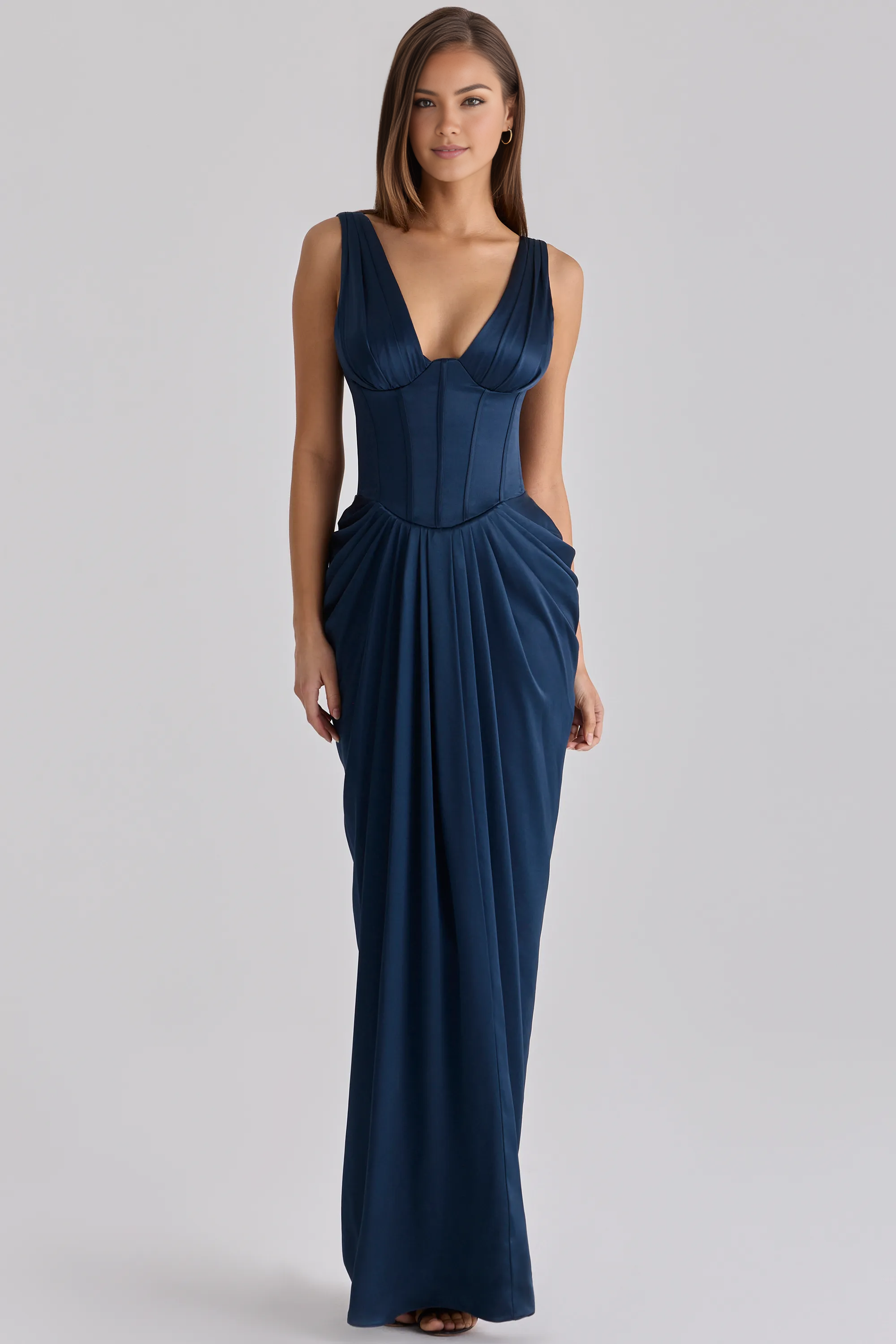 Formal Sheath Plunge V-Neck Sleeveless Satin Corset Evening Dress