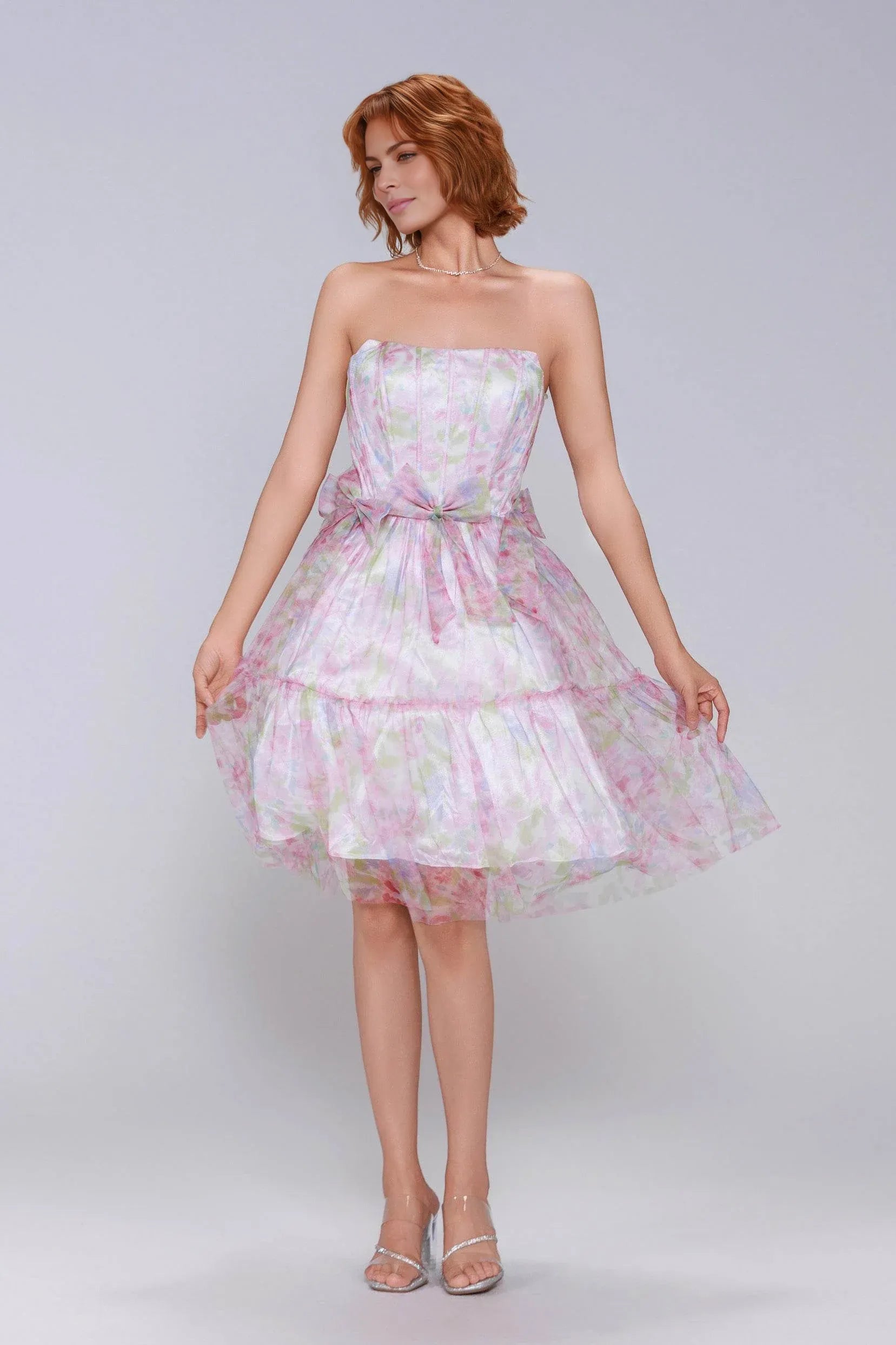 Dreamy A-Line Strapless Floral Printed Tulle Bow-Back Homecoming Dress
