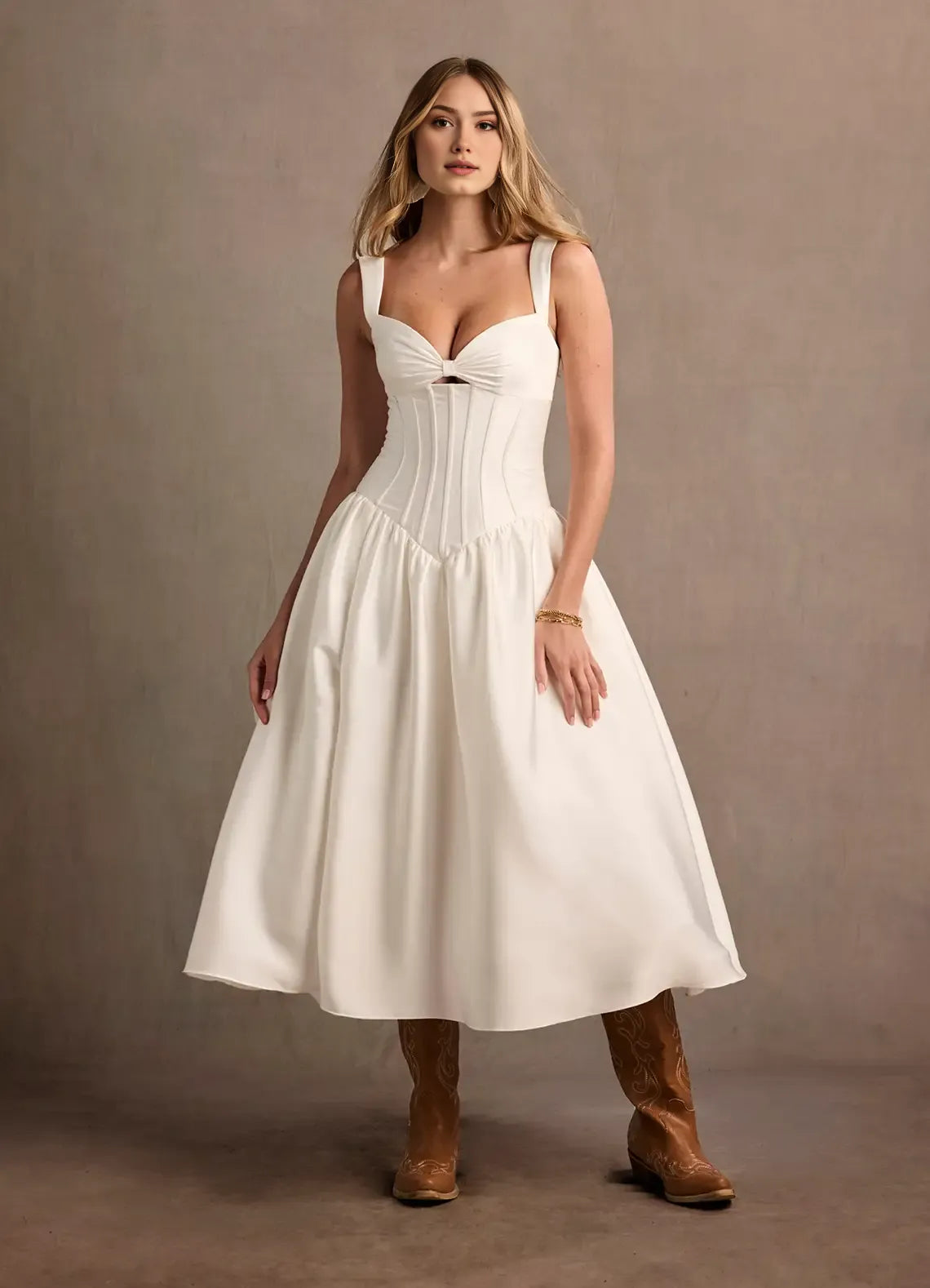 Aline Sweetheart Sleeveless Satin Midi Length Split Laceup Corset Dropped Waist Party Dress