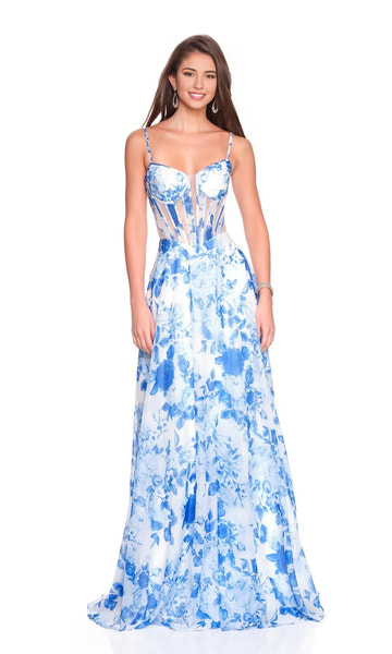 Elegant Floral A-Line Plunge Neck Sleeveless Chiffon Corset Lace-Up Back Evening Dress