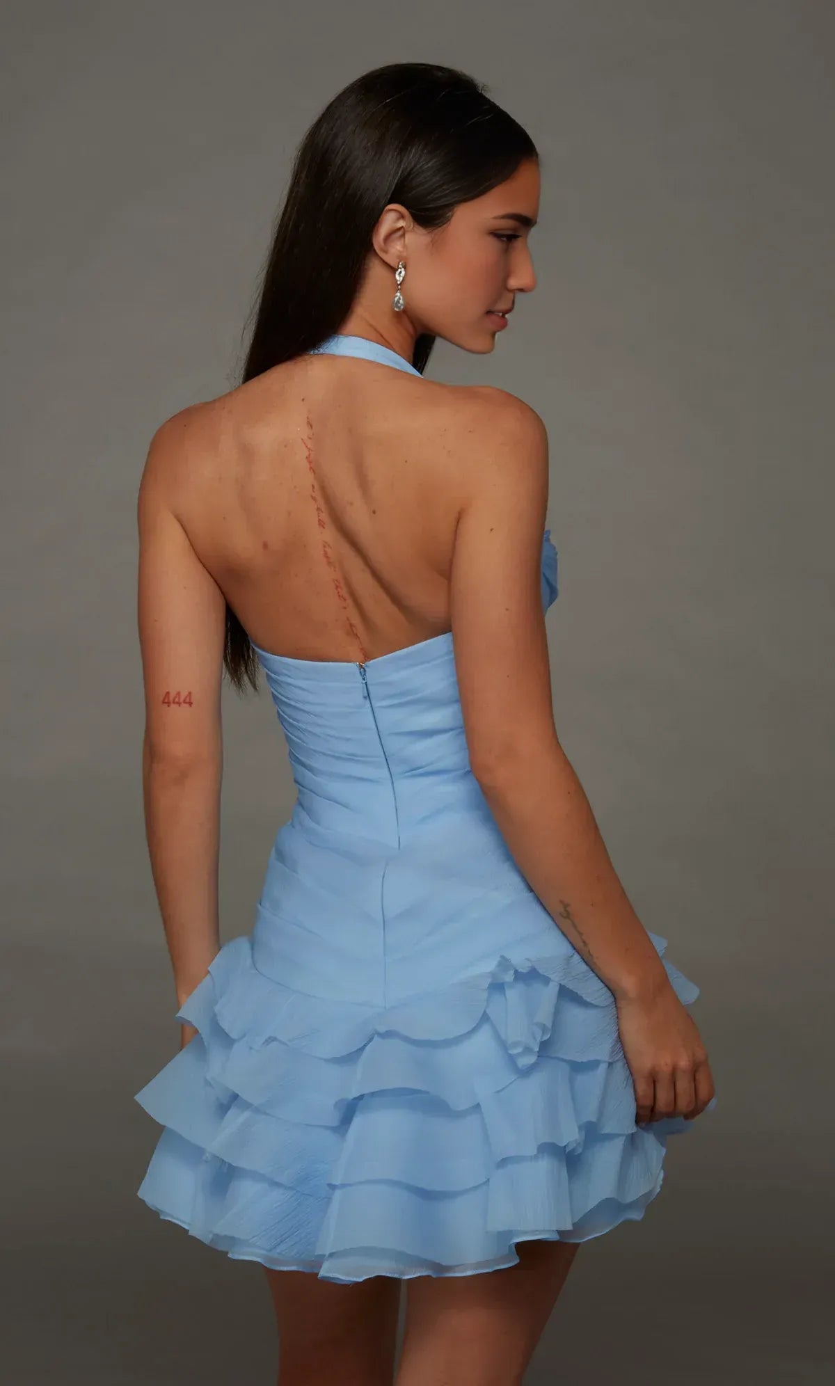 Romantic Fitted Halter Sweetheart Ruched Chiffon 3D Floral Appliqué Tiered Ruffled Short Homecoming Dress