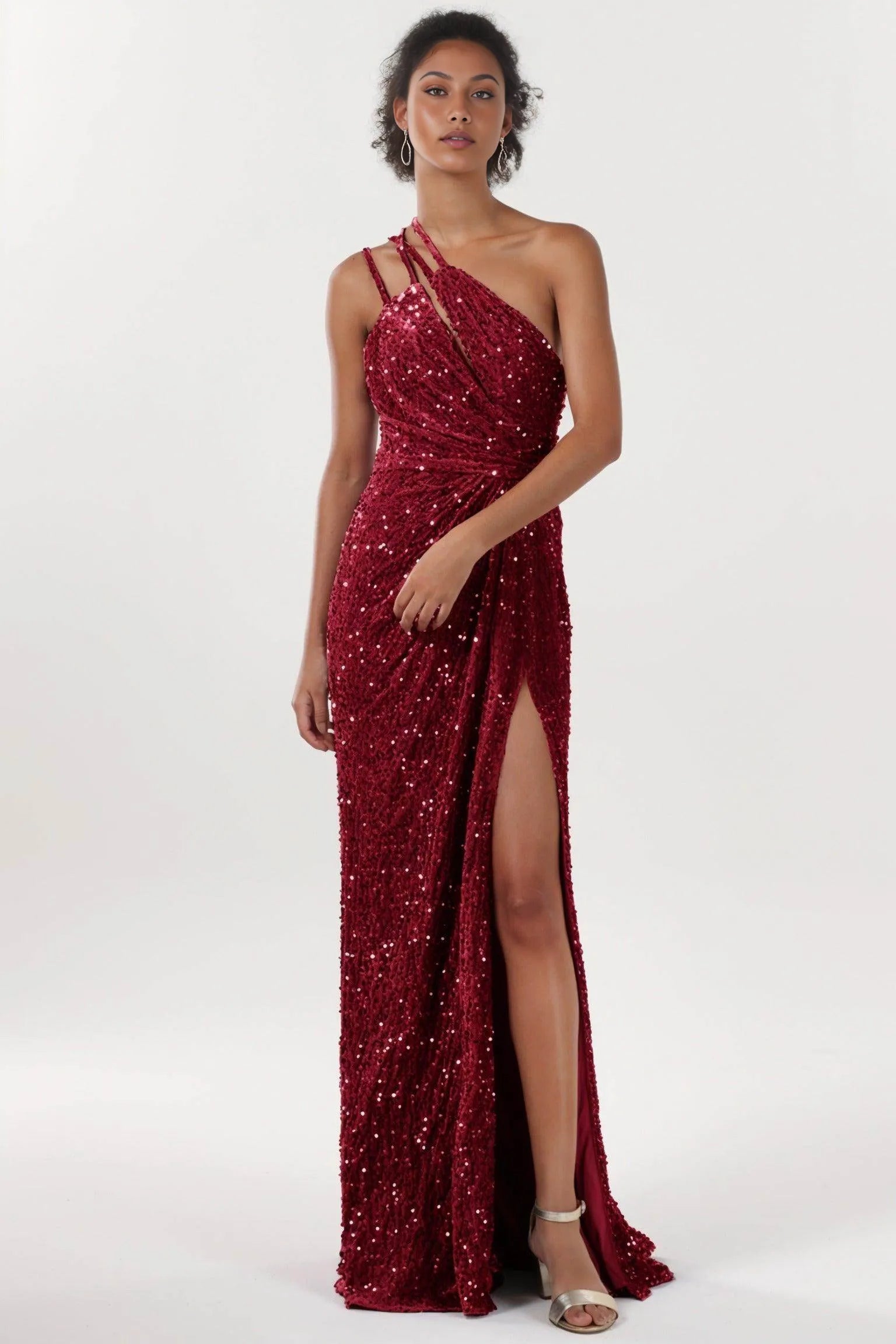 Sheath One-Shoulder Sleeveless Velvet Sequin Ruched Evening Dress With Sweep-Brush Train