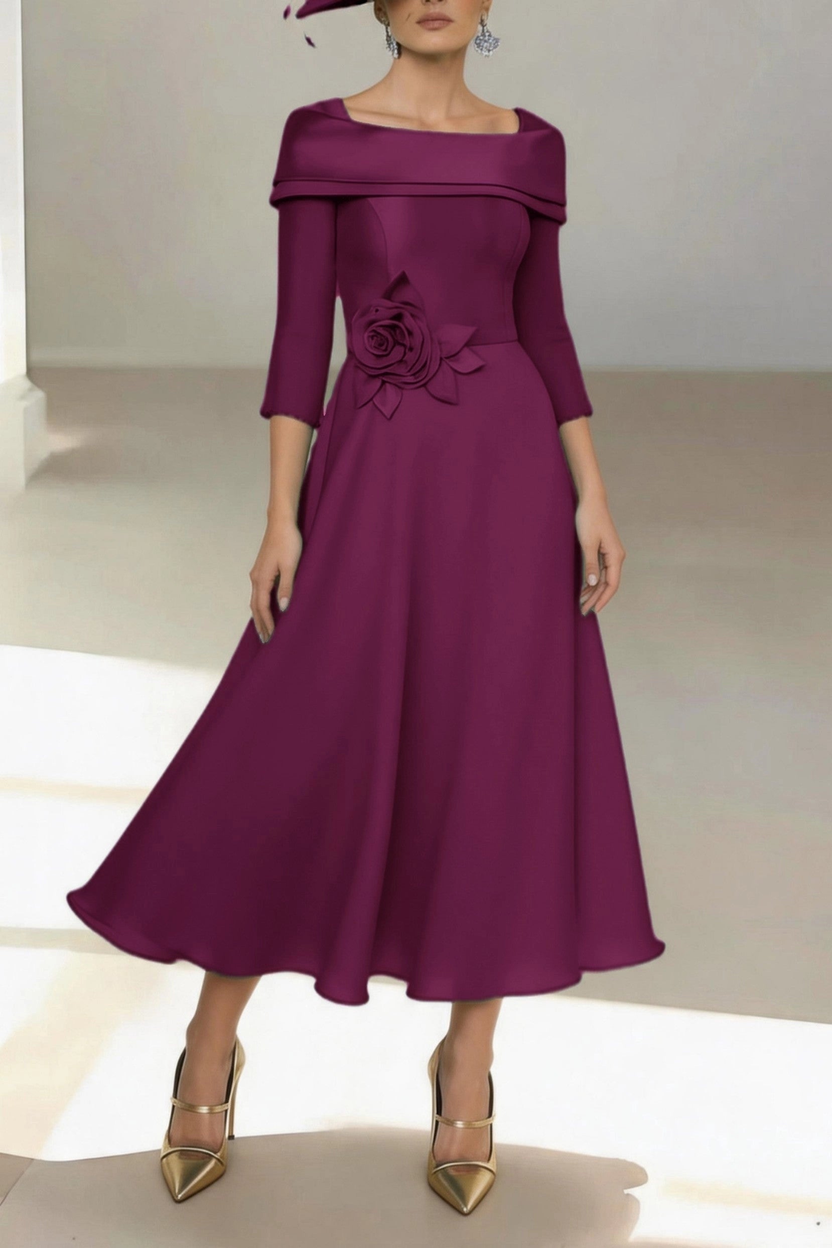 Vintage A-Line Off Shoulder 3/4 Sleeve Zip Back Midi Mother Of The Bride Dress