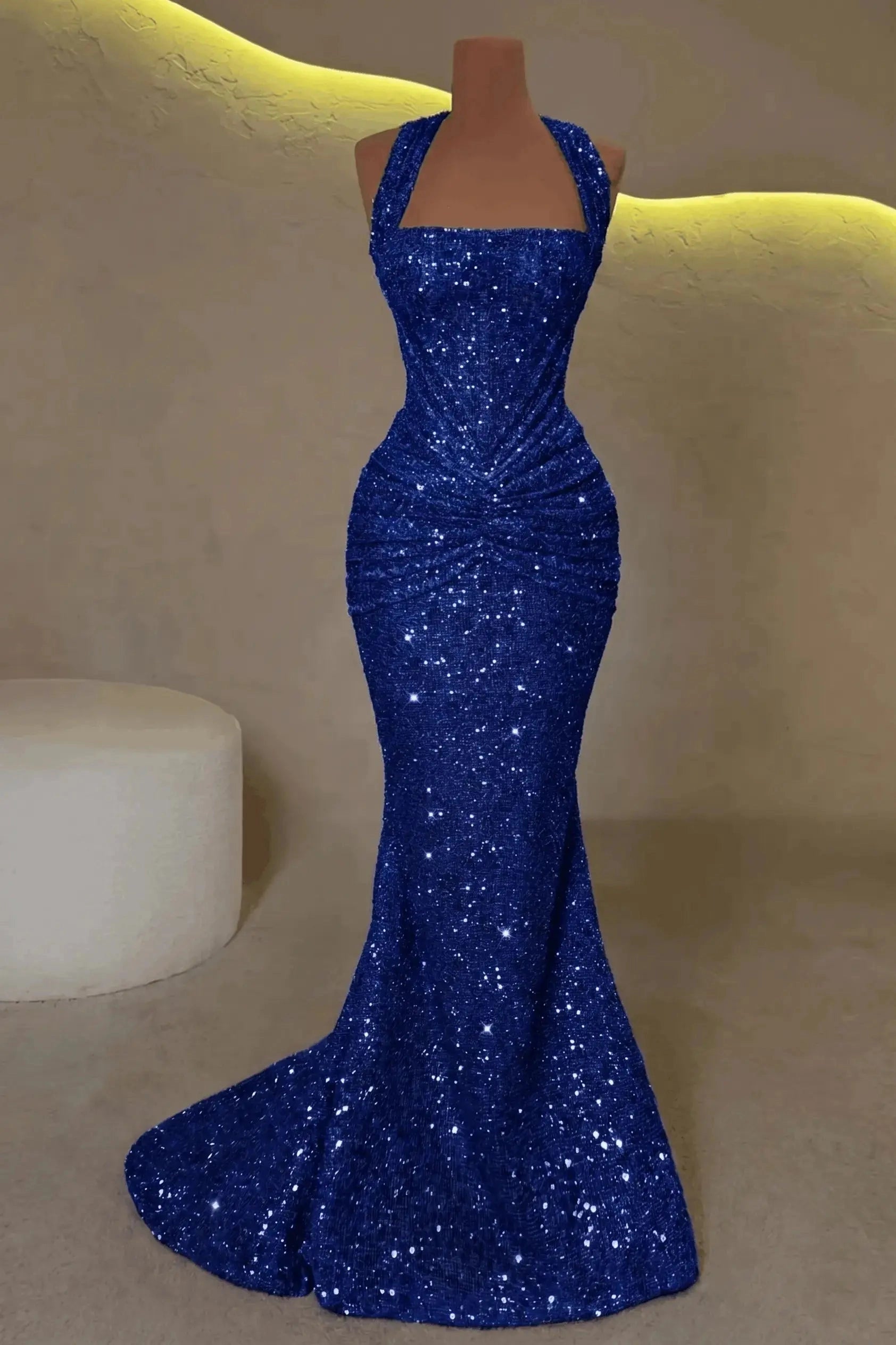 Glamorous Mermaid Halter Sleeveless Lace‑Up Back Long Prom Dress
