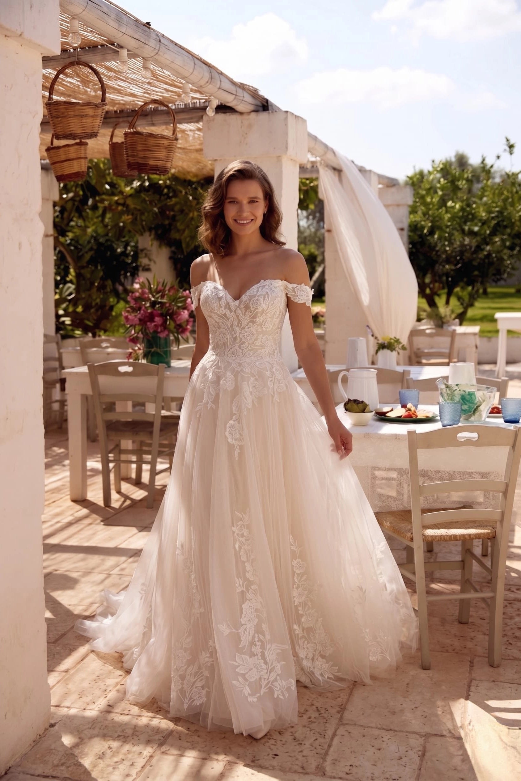 Romantic A-Line Off Shoulder Zip Back Lace Wedding Dress With Train