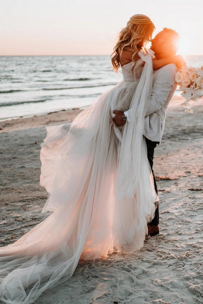 Dreamy A-Line Sweetheart Off Shoulder Bow Sleeve Lace Up Back Train Wedding Prom Dress