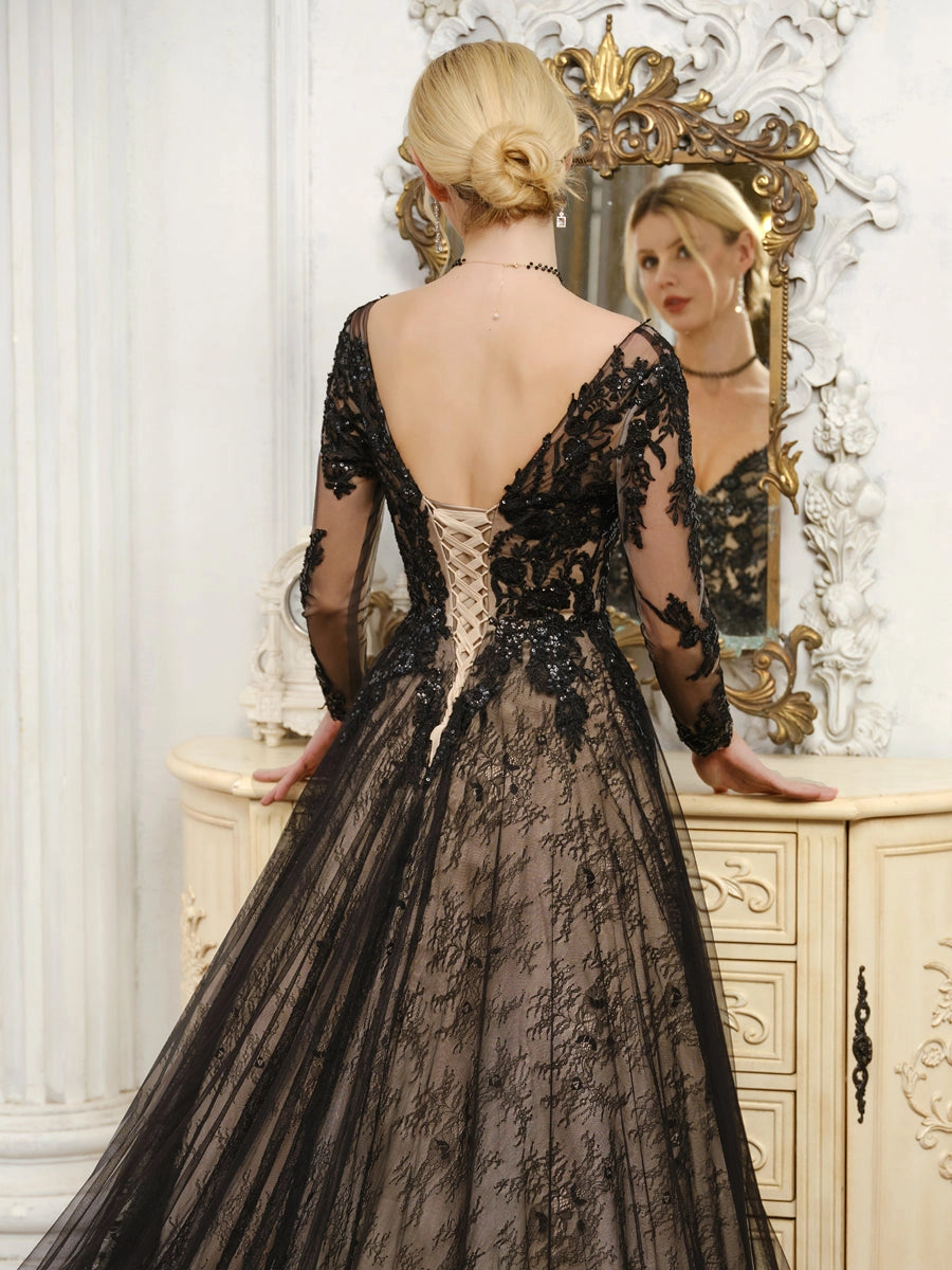 Elegant A Line Deep V Long Sleeve Low Back Court Train Wedding Dress