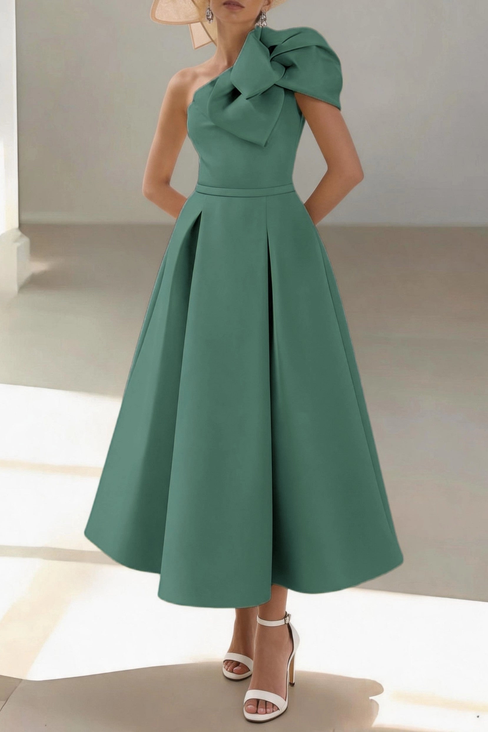 Elegant A-Line One Shoulder Sleeveless Zip Back Midi Mother Of The Bride Dress
