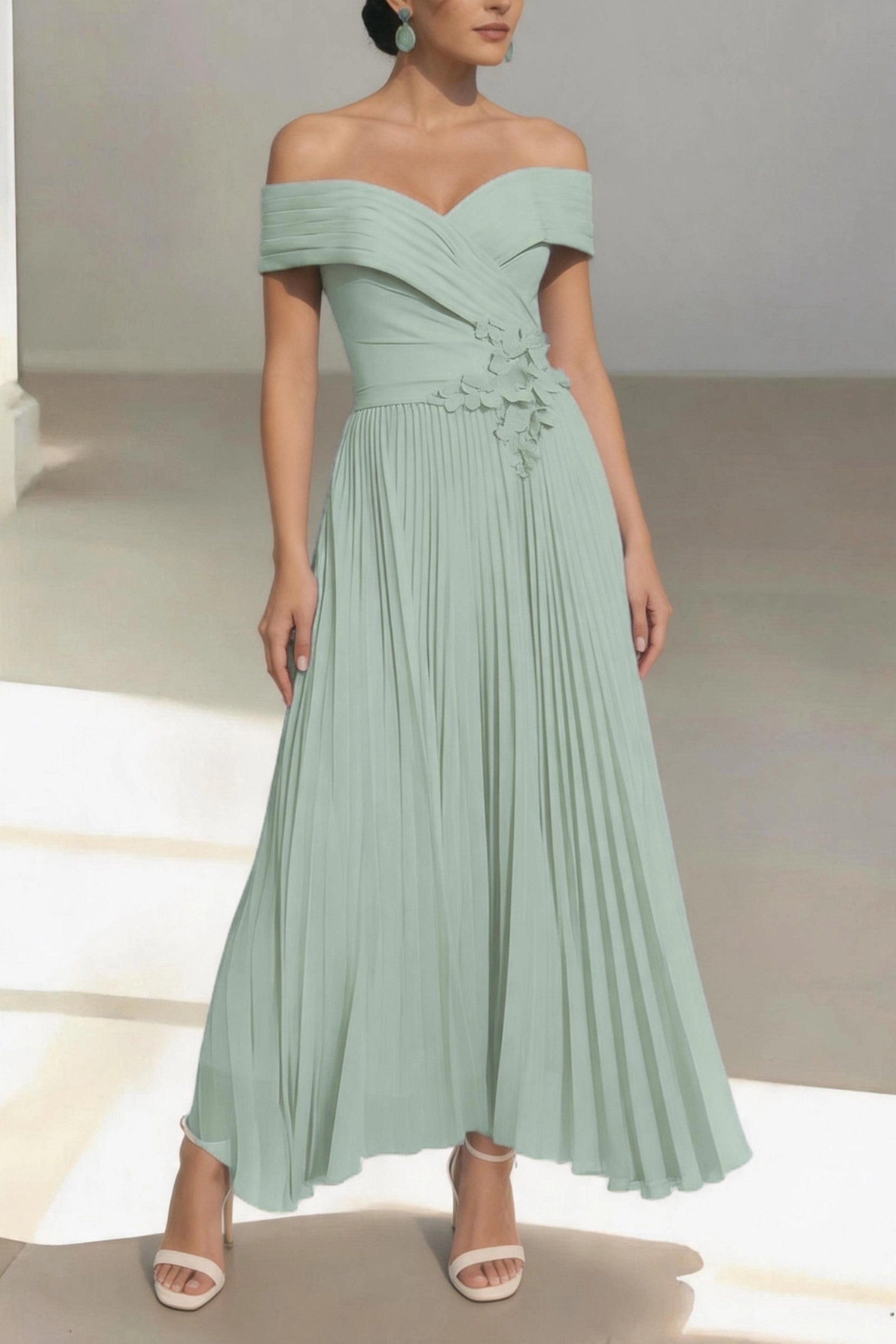 Romantic Pleated A-Line Off Shoulder Short Sleeve Zip Back Midi Mother Of The Bride Dress