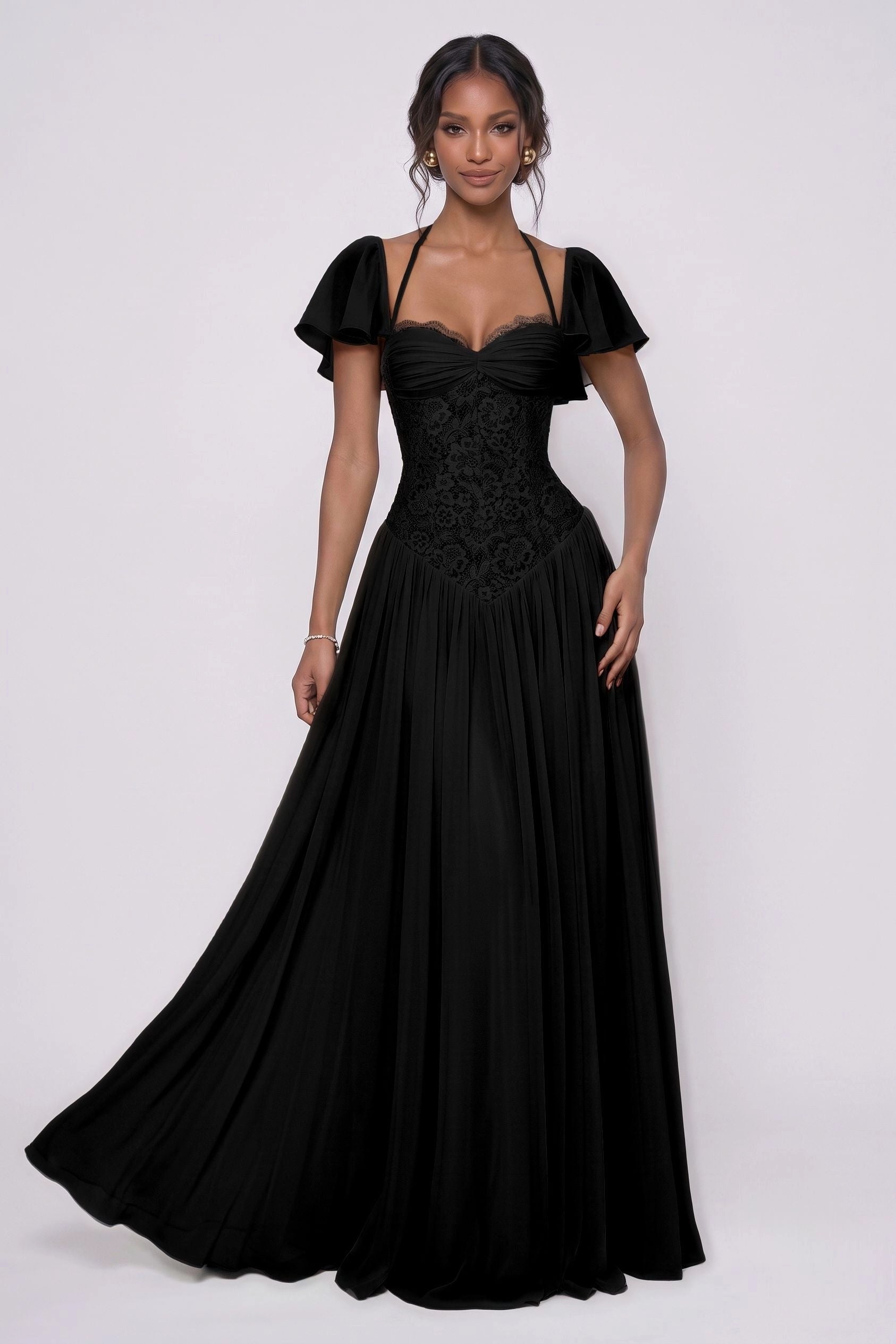 Romantic A-Line Sweetheart Flutter Sleeves Lace-Up Back Floor-Length Wedding Guest Dress