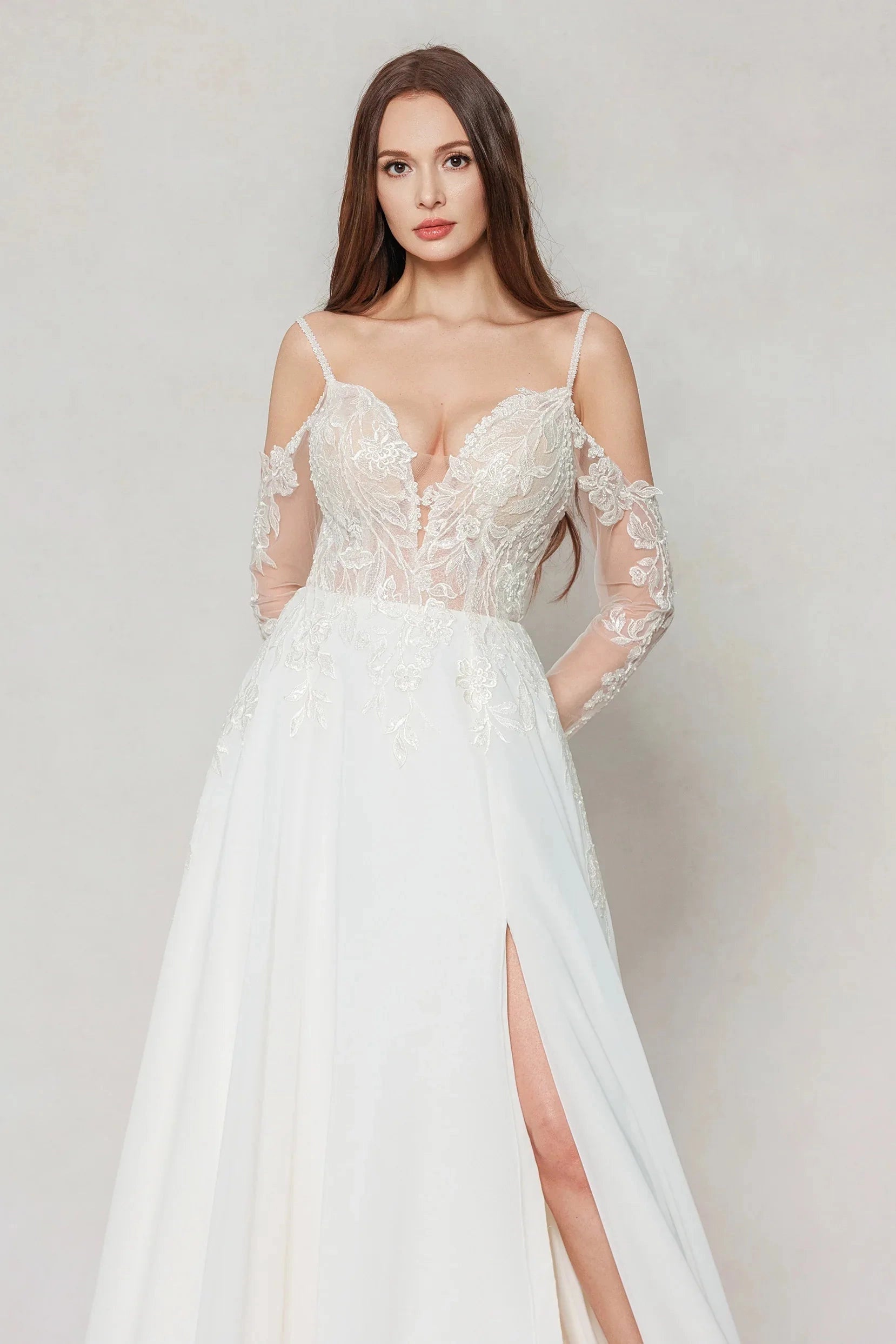 Romantic A-Line Deep V Spaghetti Strap Long Sleeve Low Back Court Train Bridal Wedding Dress